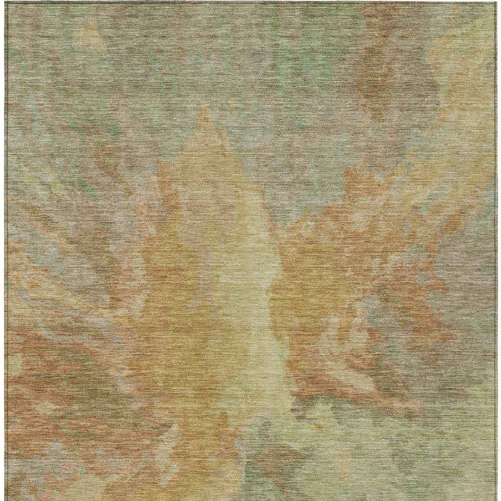 9' X 12' Artichoke Green And Gold Abstract Washable Indoor Outdoor Area Rug