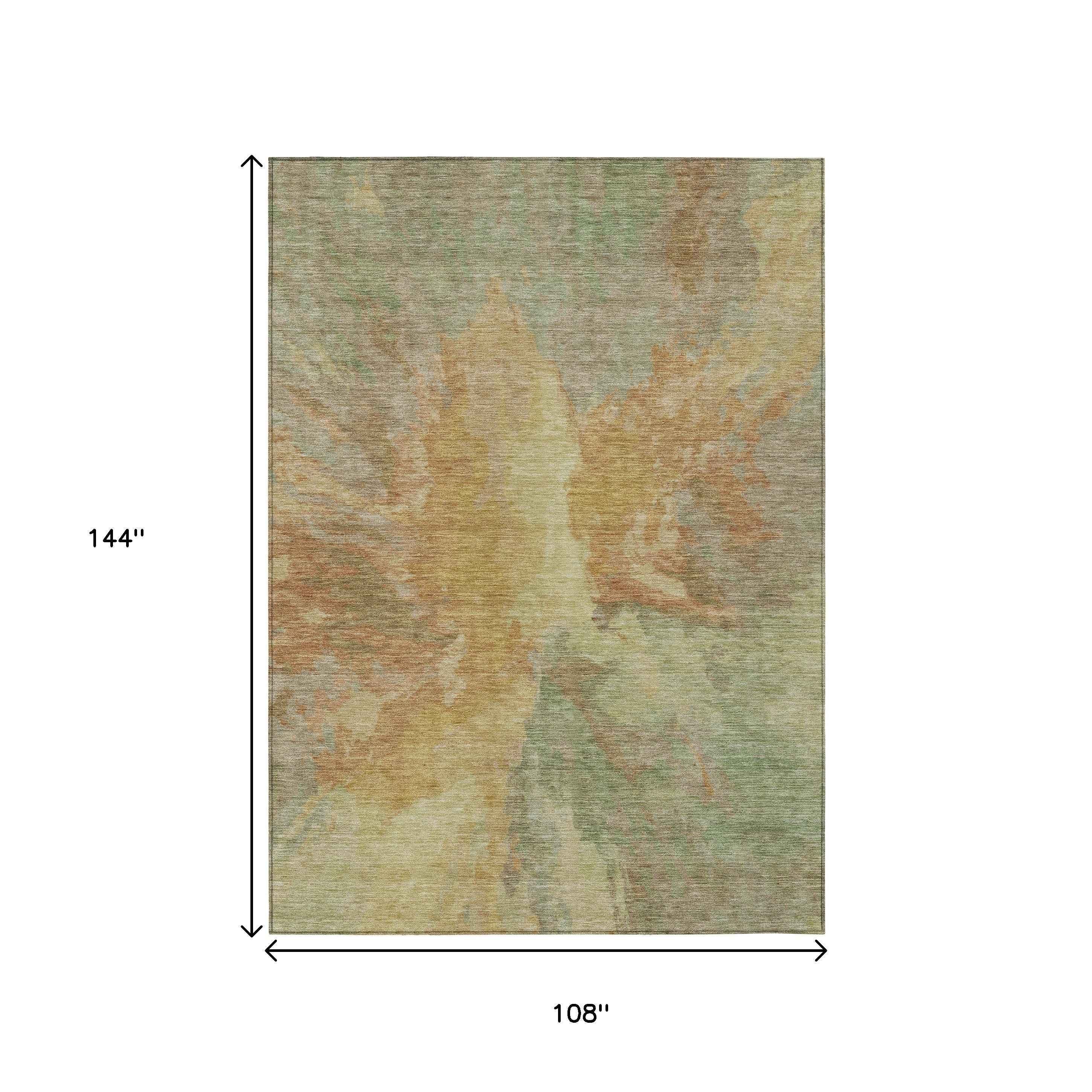 9' X 12' Artichoke Green And Gold Abstract Washable Indoor Outdoor Area Rug