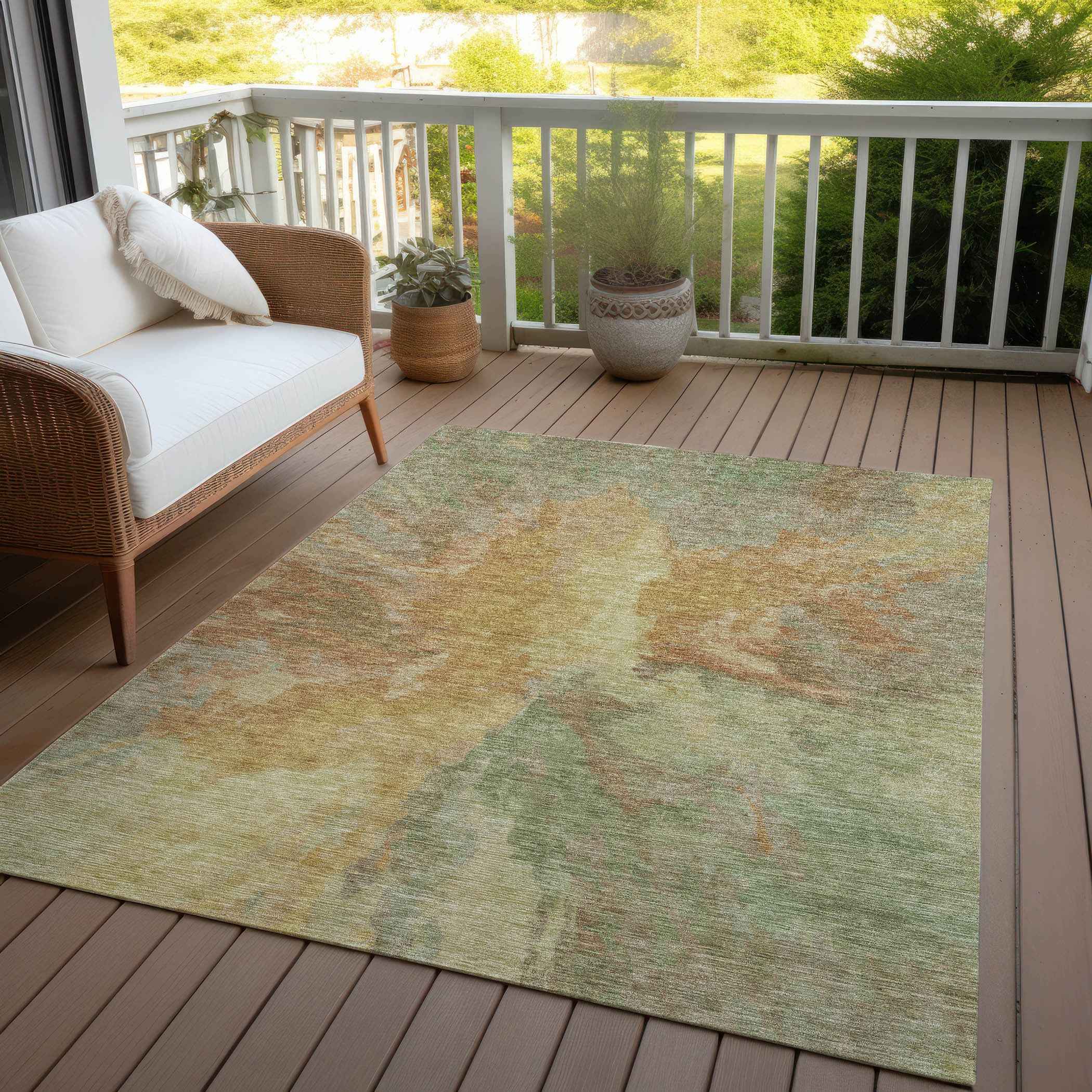 9' X 12' Artichoke Green And Gold Abstract Washable Indoor Outdoor Area Rug