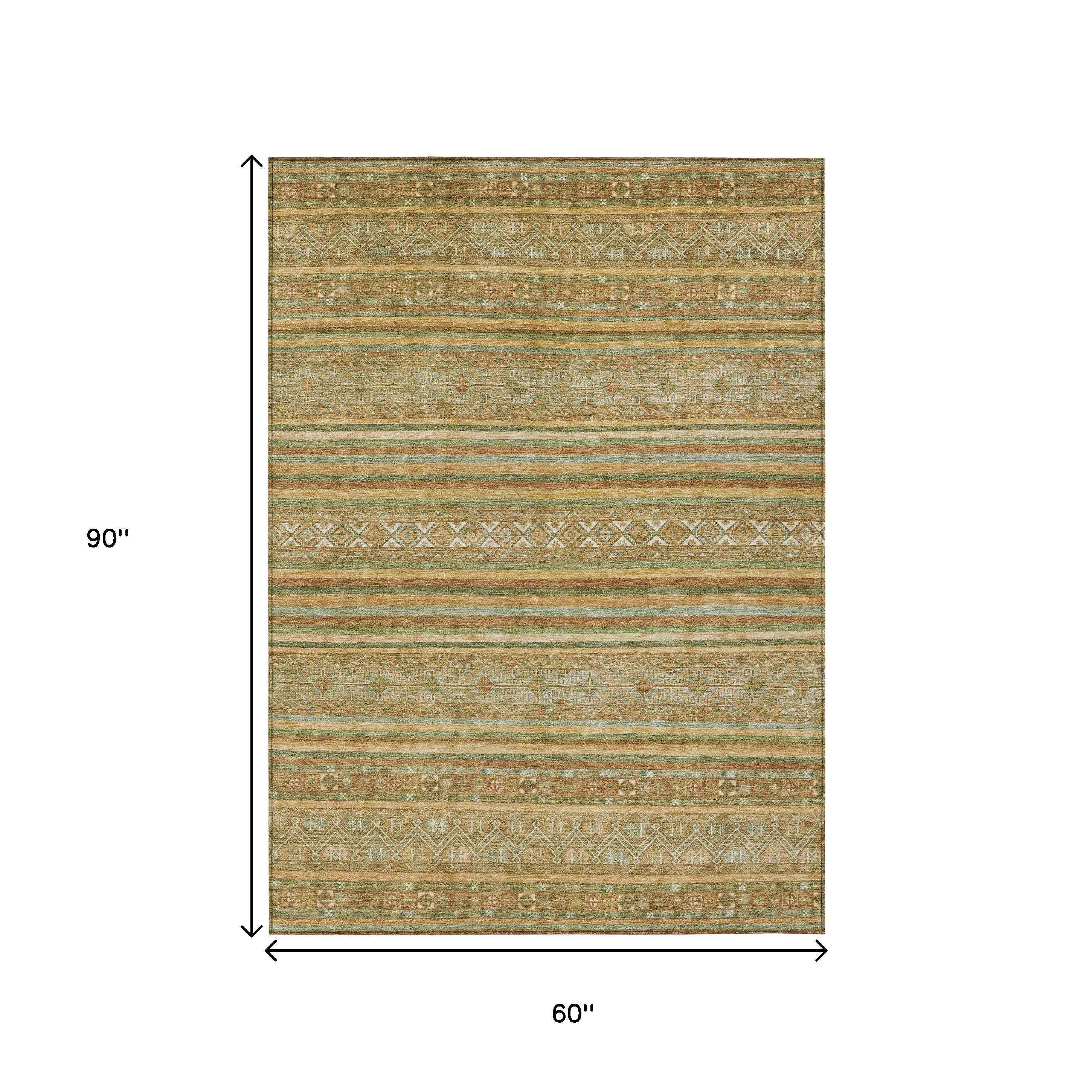 5' X 8' Artichoke Green Gold And Beige Southwestern Washable Indoor Outdoor Area Rug