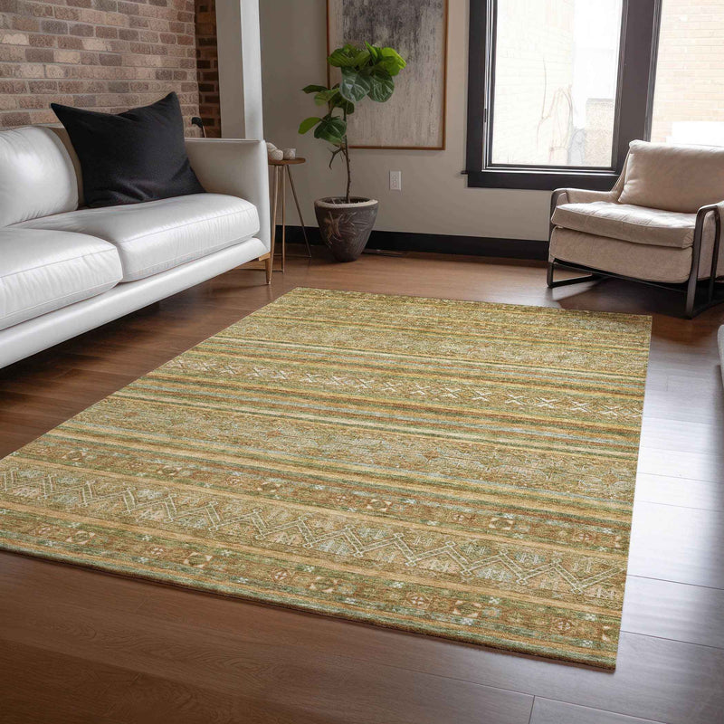 5' X 8' Artichoke Green Gold And Beige Southwestern Washable Indoor Outdoor Area Rug