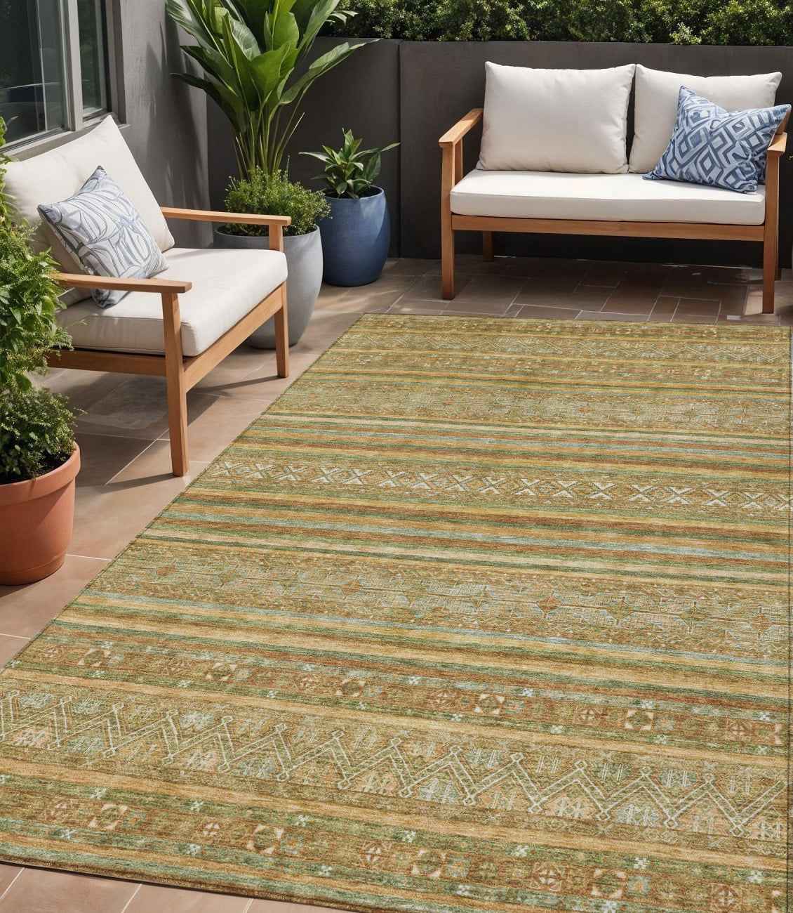 5' X 8' Artichoke Green Gold And Beige Southwestern Washable Indoor Outdoor Area Rug