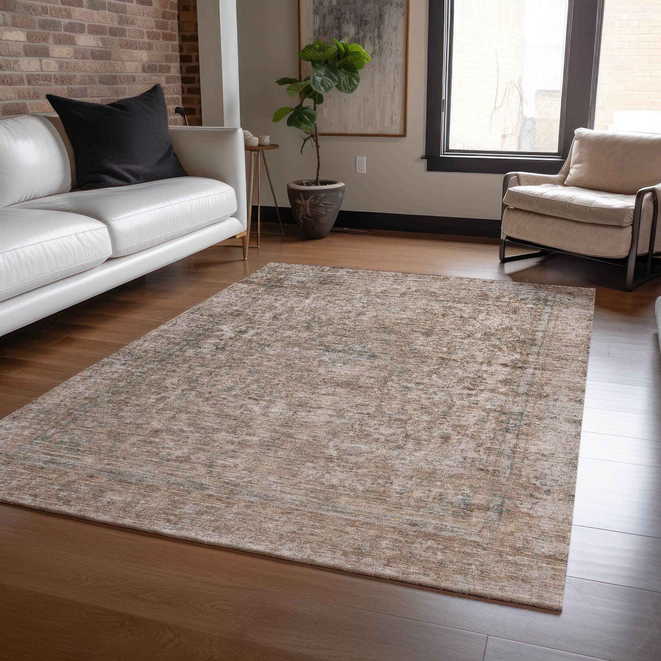 9' X 12' Brown And Beige Abstract Washable Indoor Outdoor Area Rug