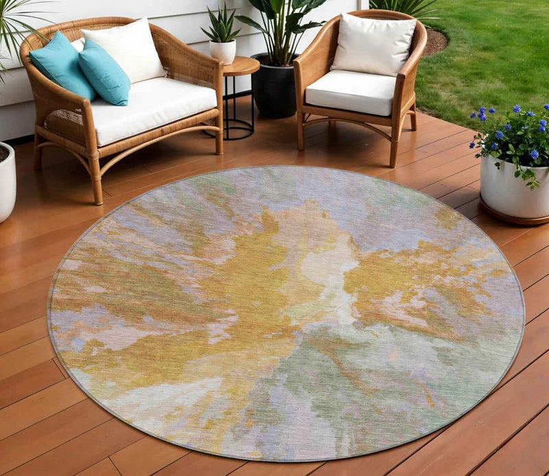 8' Rust And Lavender Round Abstract Washable Indoor Outdoor Area Rug