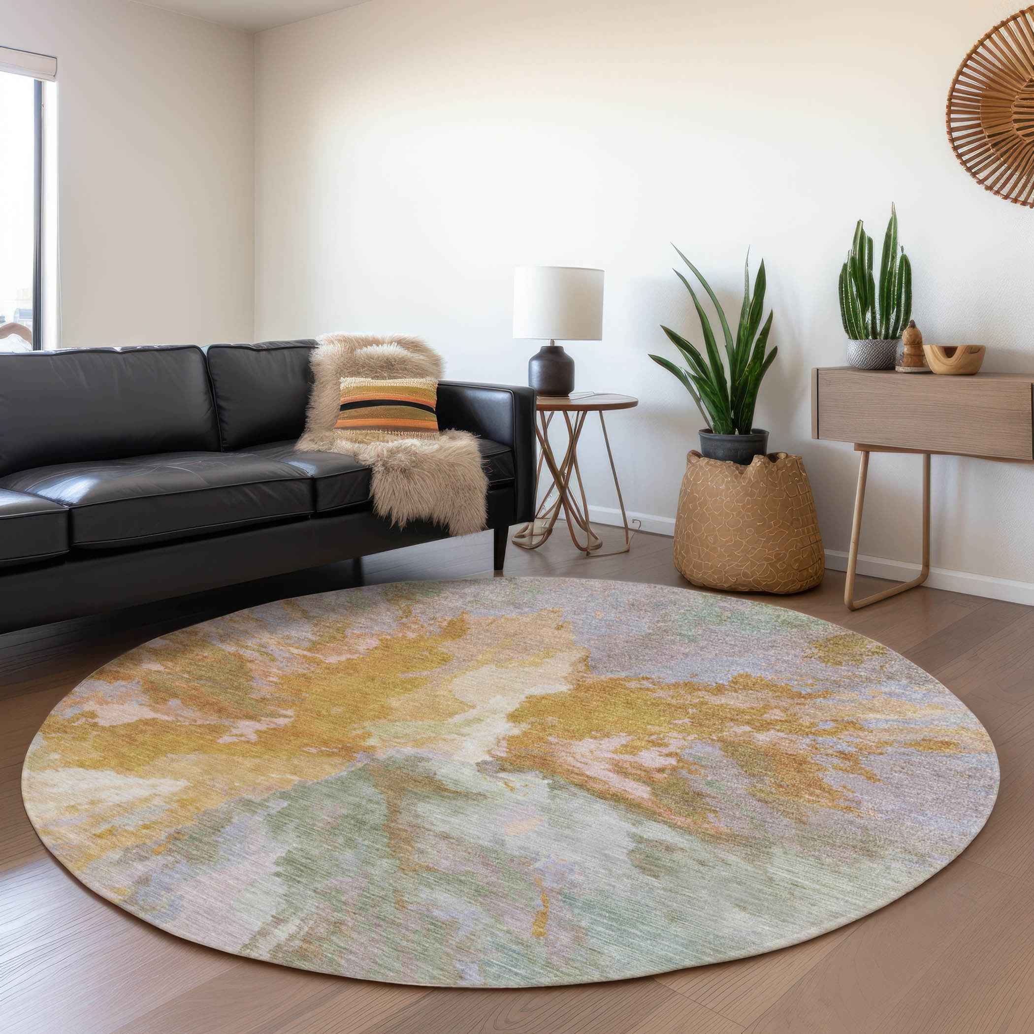 8' Rust And Lavender Round Abstract Washable Indoor Outdoor Area Rug