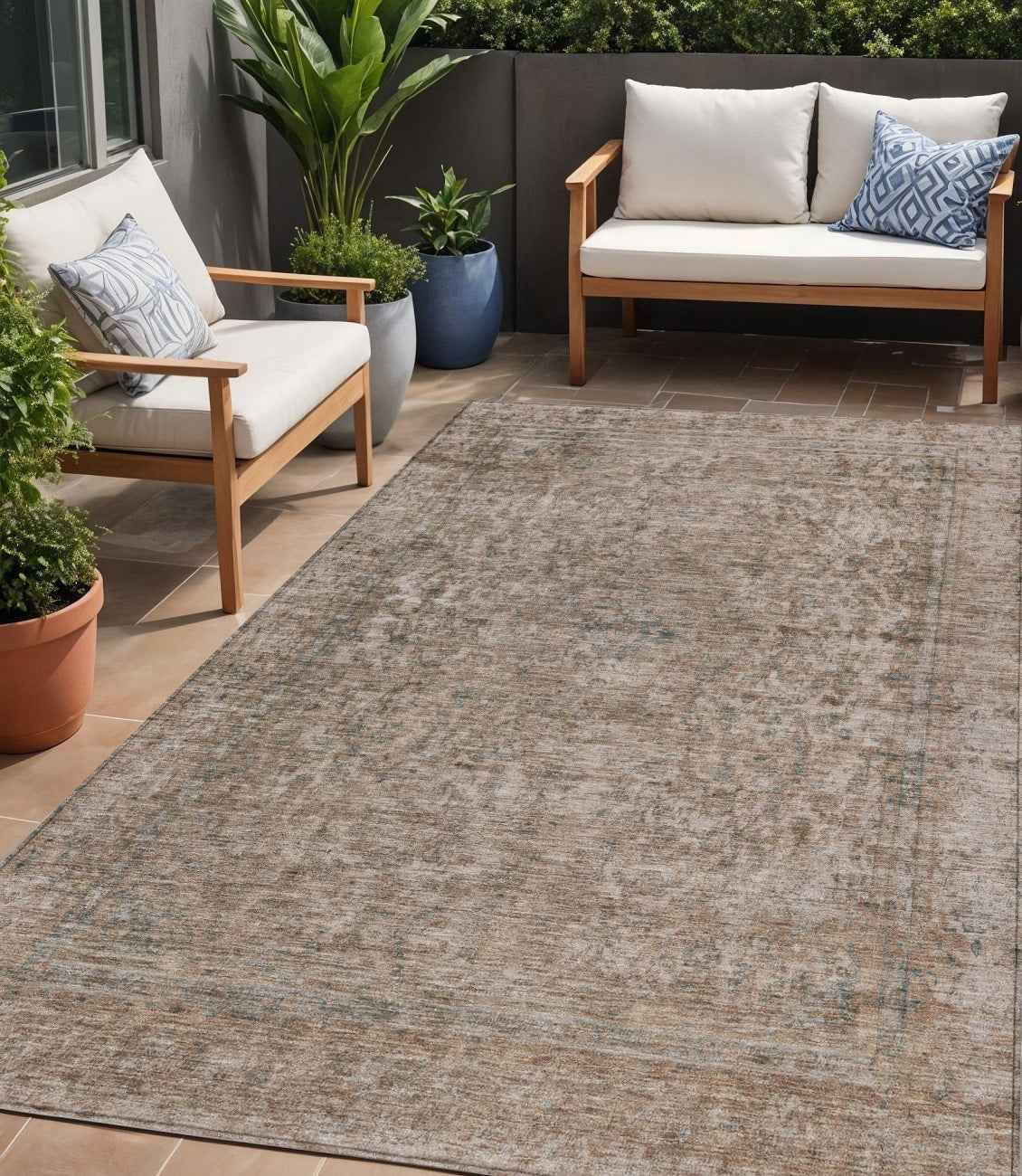 5' X 8' Brown And Beige Abstract Washable Indoor Outdoor Area Rug