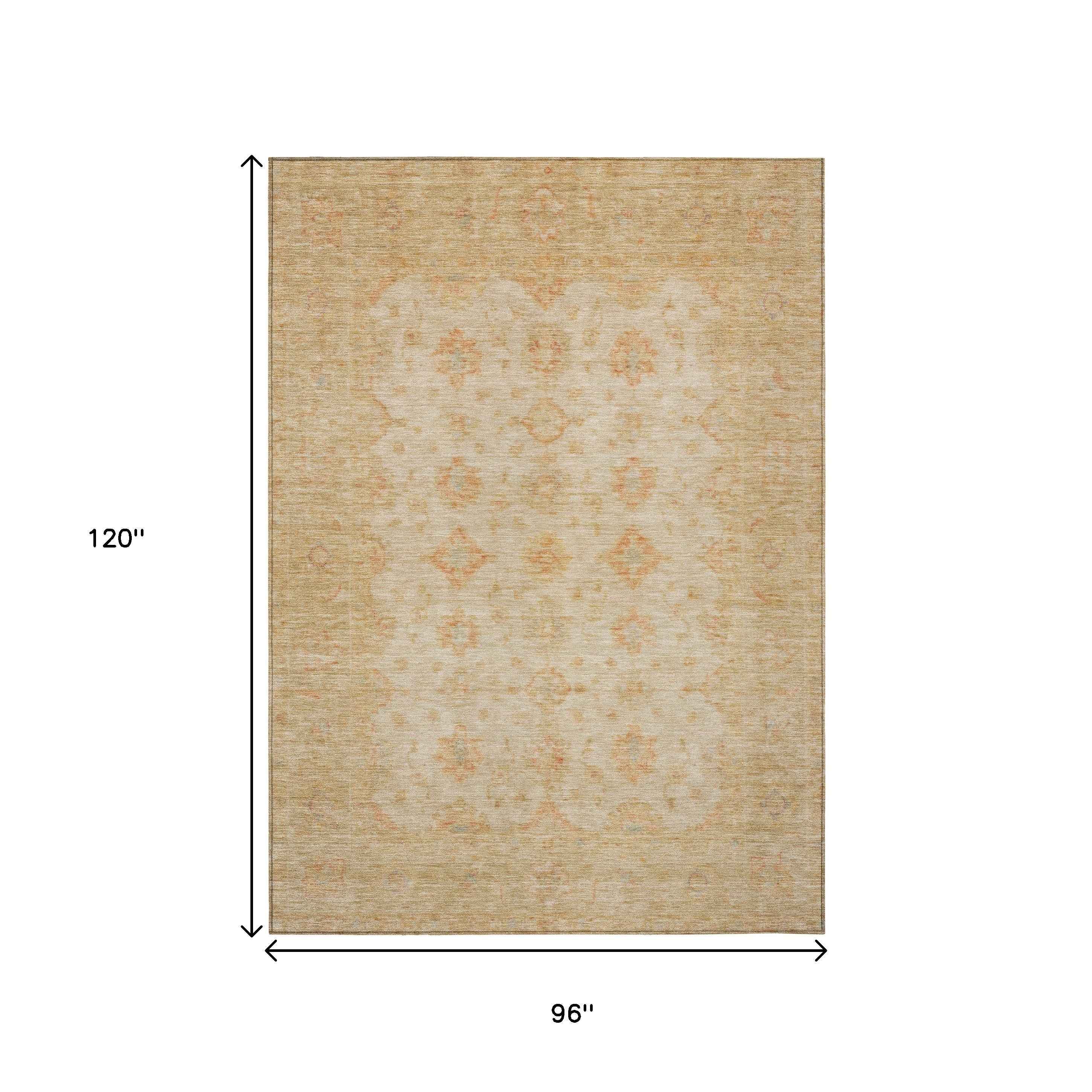 8' X 10' Beige And Rust Floral Medallion Washable Indoor Outdoor Area Rug