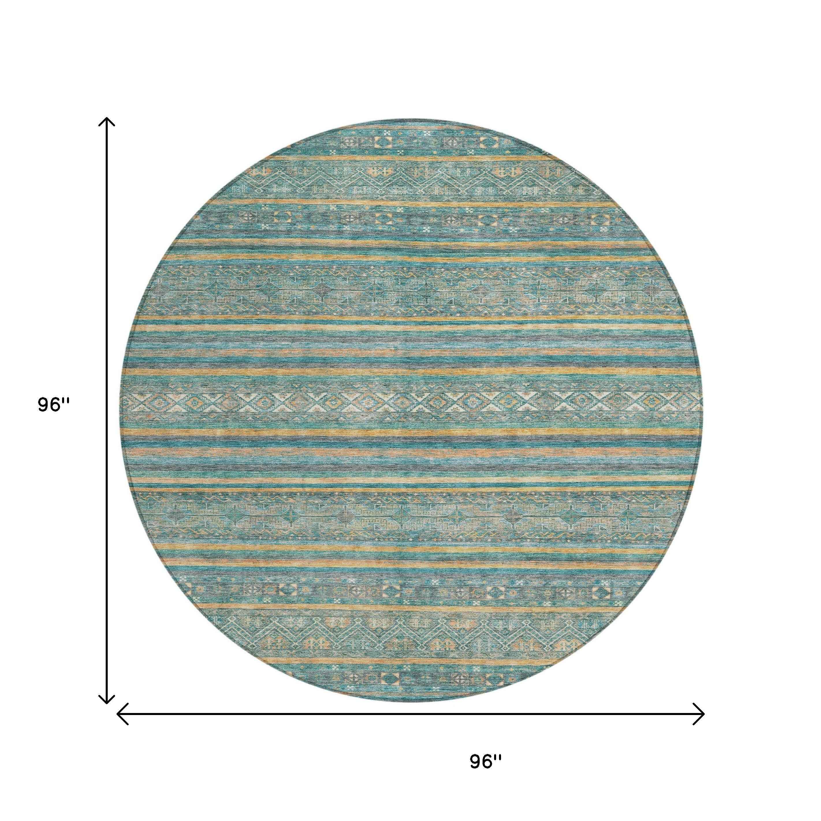 8' Teal Blue Gold And Taupe Round Southwestern Washable Indoor Outdoor Area Rug