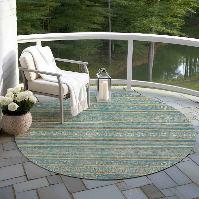 8' Teal Blue Gold And Taupe Round Southwestern Washable Indoor Outdoor Area Rug