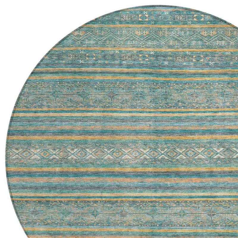8' Teal Blue Gold And Taupe Round Southwestern Washable Indoor Outdoor Area Rug