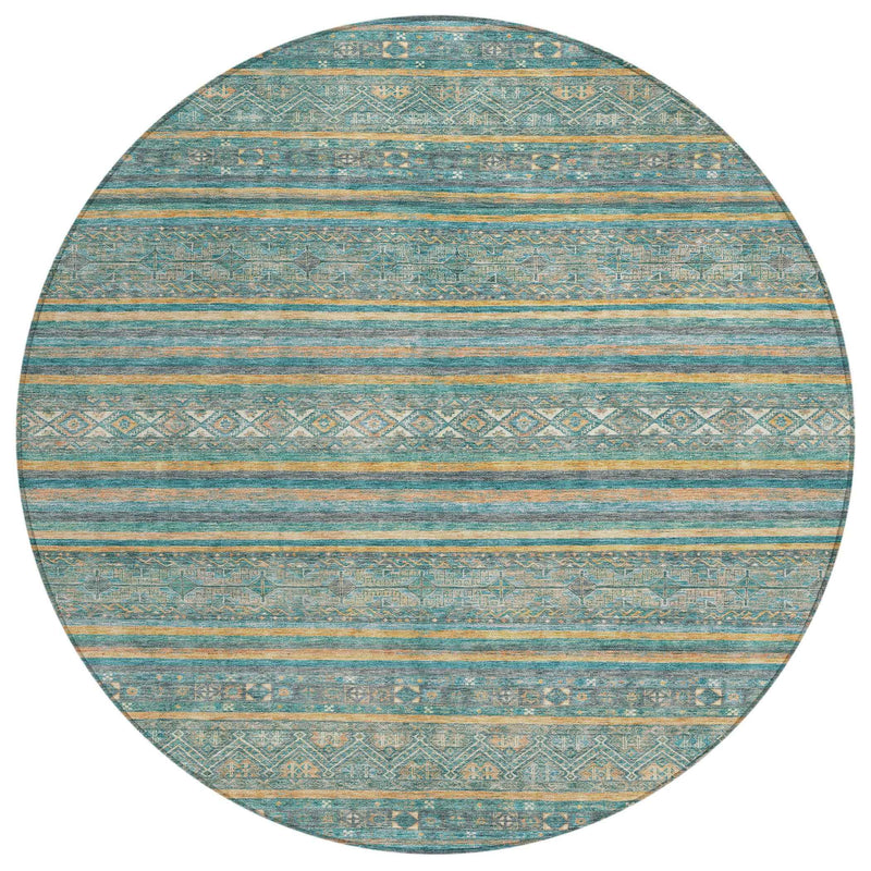 8' Teal Blue Gold And Taupe Round Southwestern Washable Indoor Outdoor Area Rug