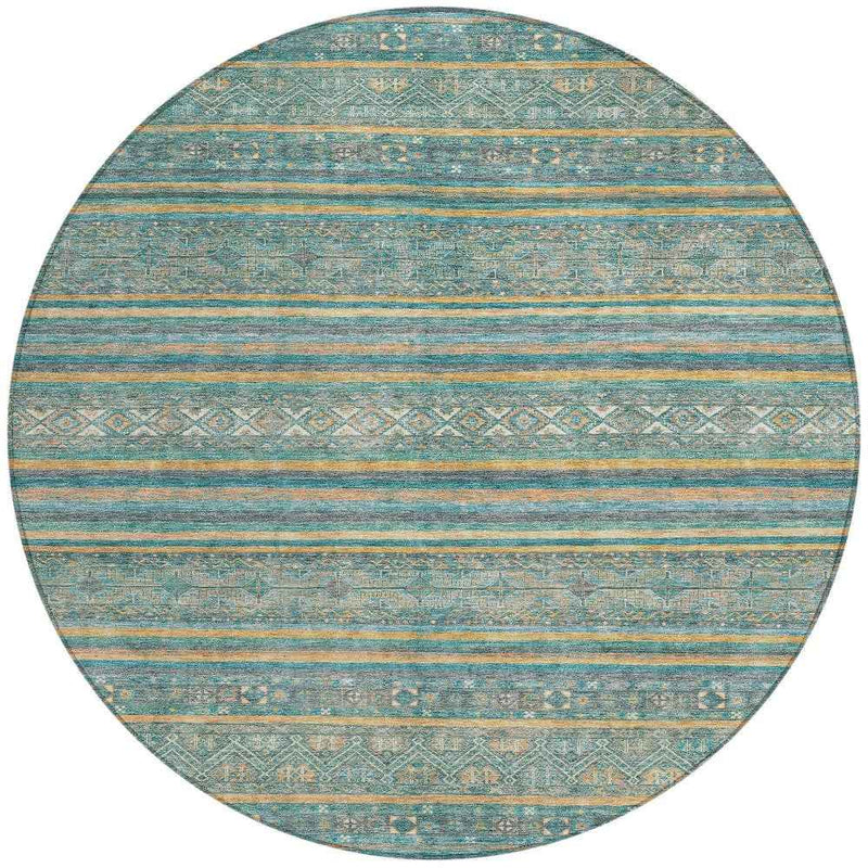 8' Teal Blue Gold And Taupe Round Southwestern Washable Indoor Outdoor Area Rug
