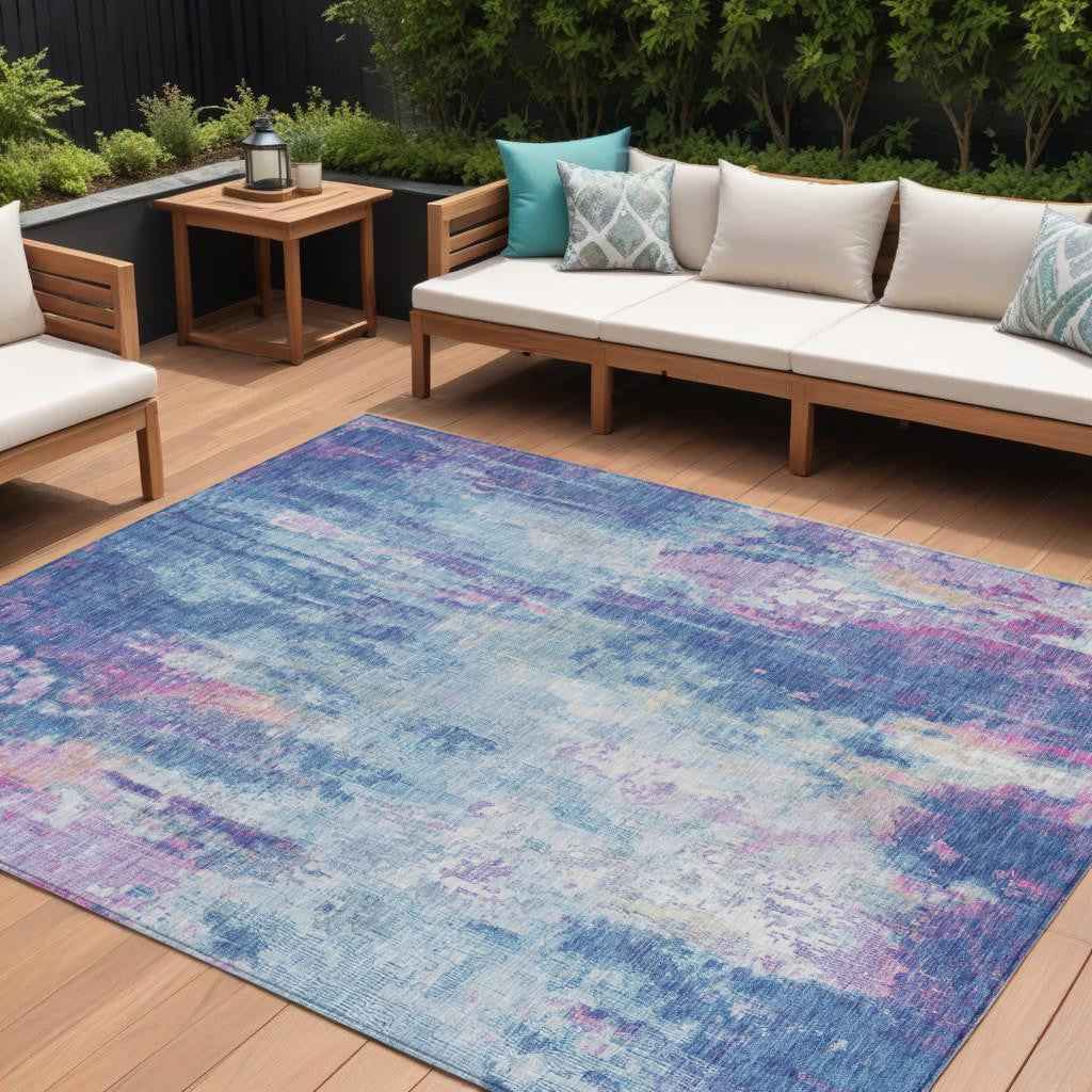 8' X 10' Blue Peach And Sky Blue Abstract Washable Indoor Outdoor Area Rug