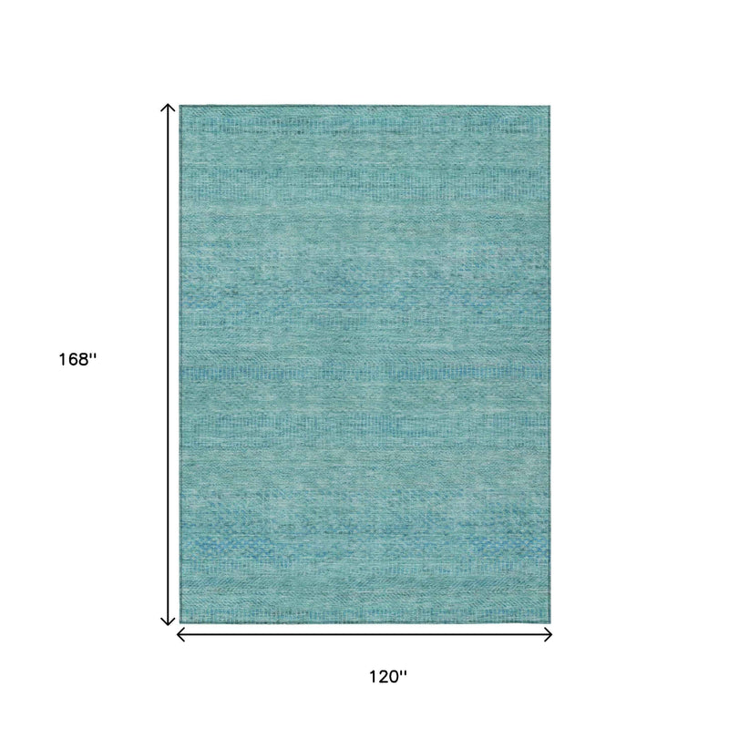 10' X 14' Aqua And Teal Blue Striped Washable Indoor Outdoor Area Rug