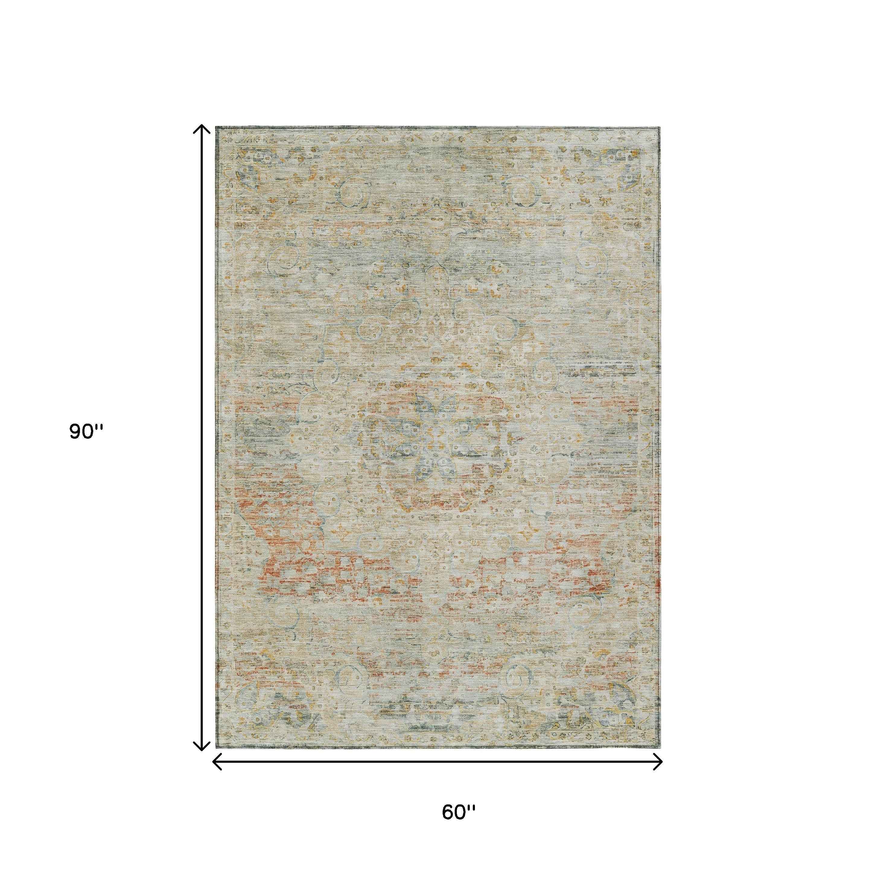 5' X 8' Tan And Beige Medallion Washable Indoor Outdoor Area Rug