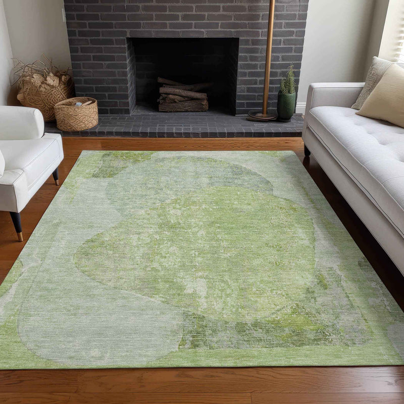 9' X 12' Artichoke Green And Mint Green Abstract Washable Indoor Outdoor Area Rug