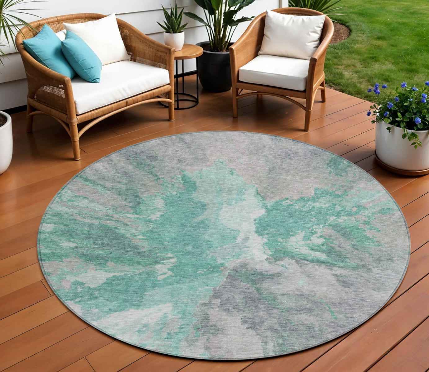 8' Teal Blue And Lavender Round Abstract Washable Indoor Outdoor Area Rug