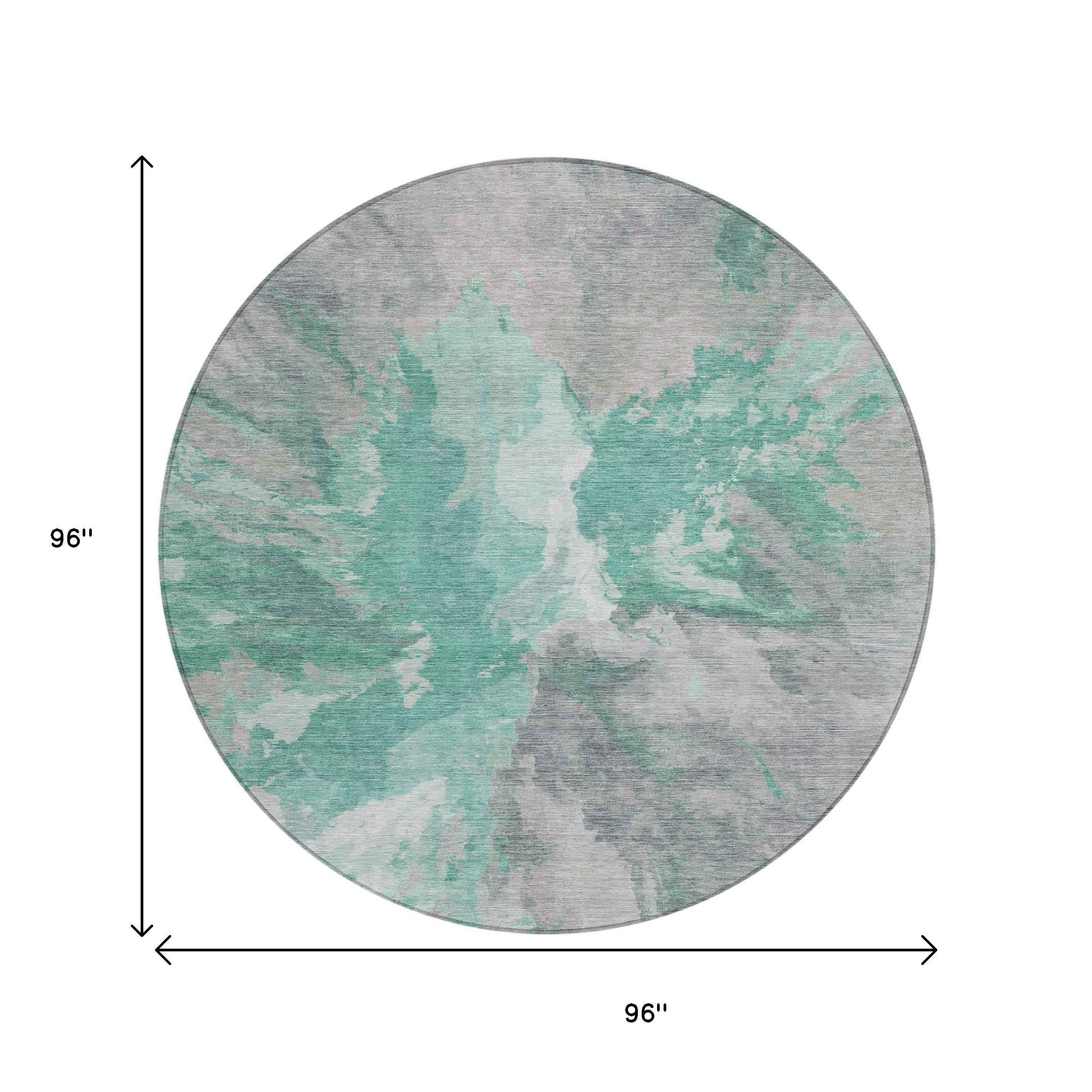 8' Teal Blue And Lavender Round Abstract Washable Indoor Outdoor Area Rug