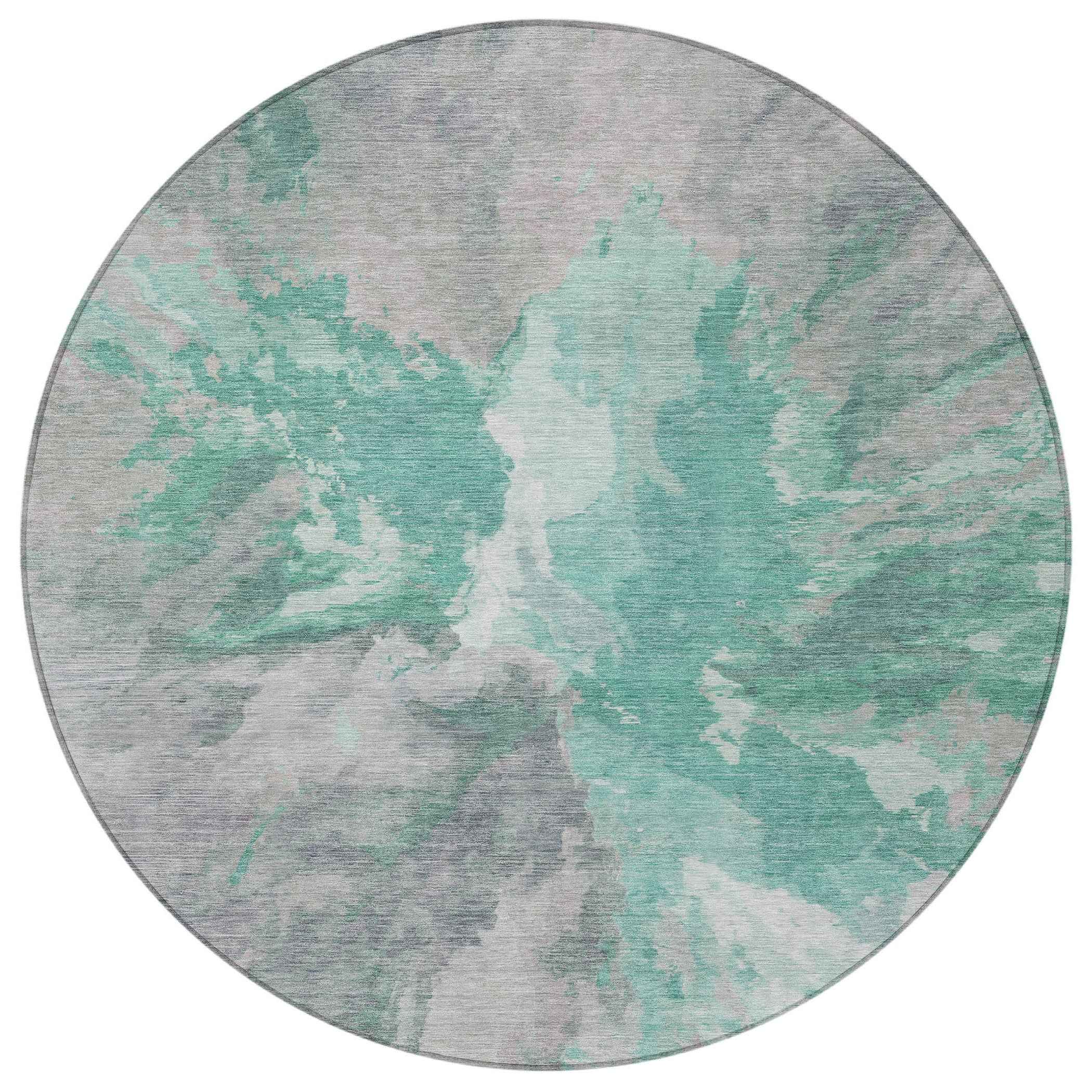 8' Teal Blue And Lavender Round Abstract Washable Indoor Outdoor Area Rug