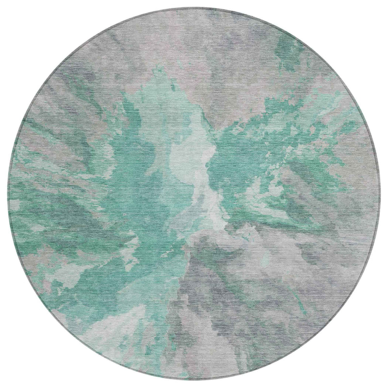 8' Teal Blue And Lavender Round Abstract Washable Indoor Outdoor Area Rug