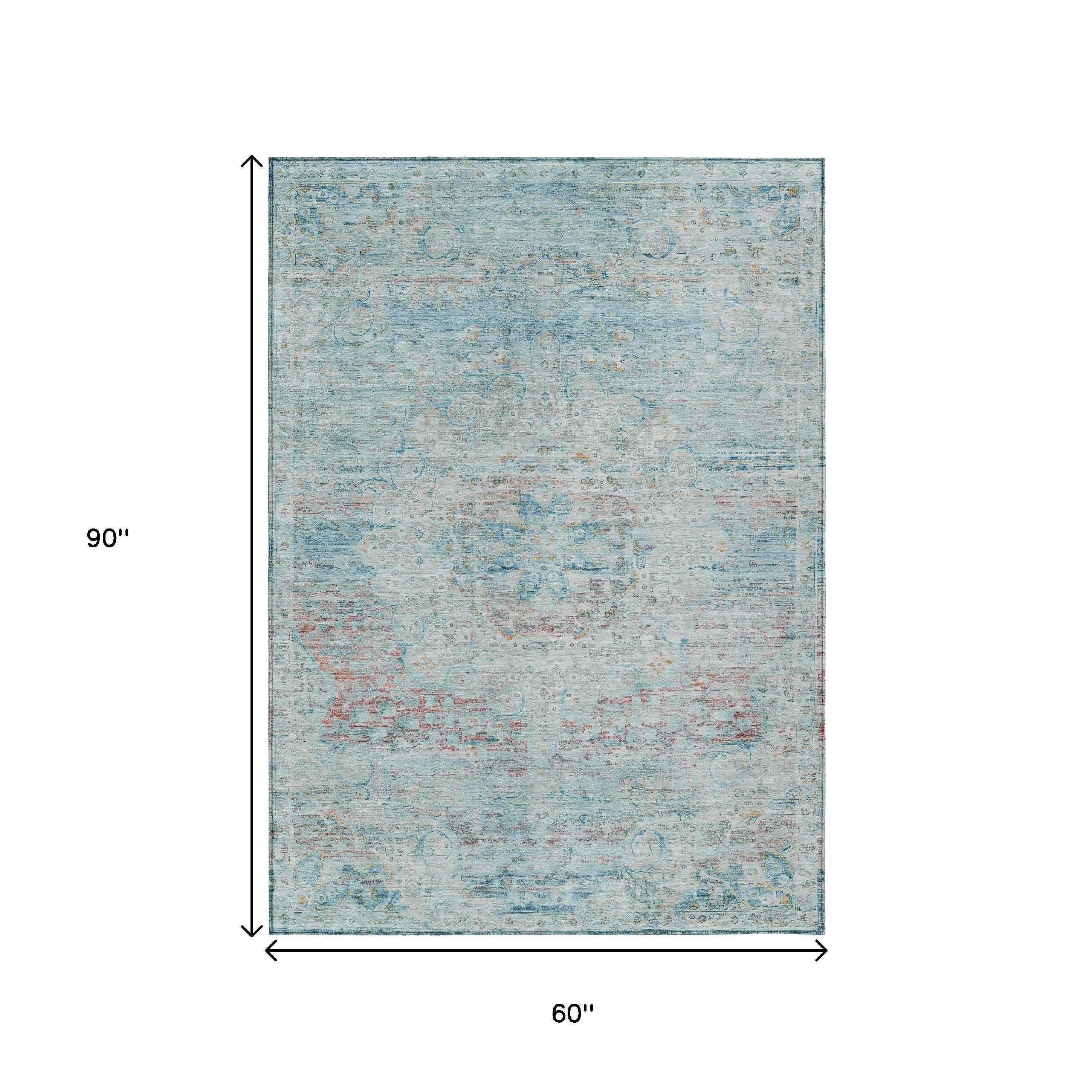 5' X 8' Sky Blue And Blush Medallion Washable Indoor Outdoor Area Rug