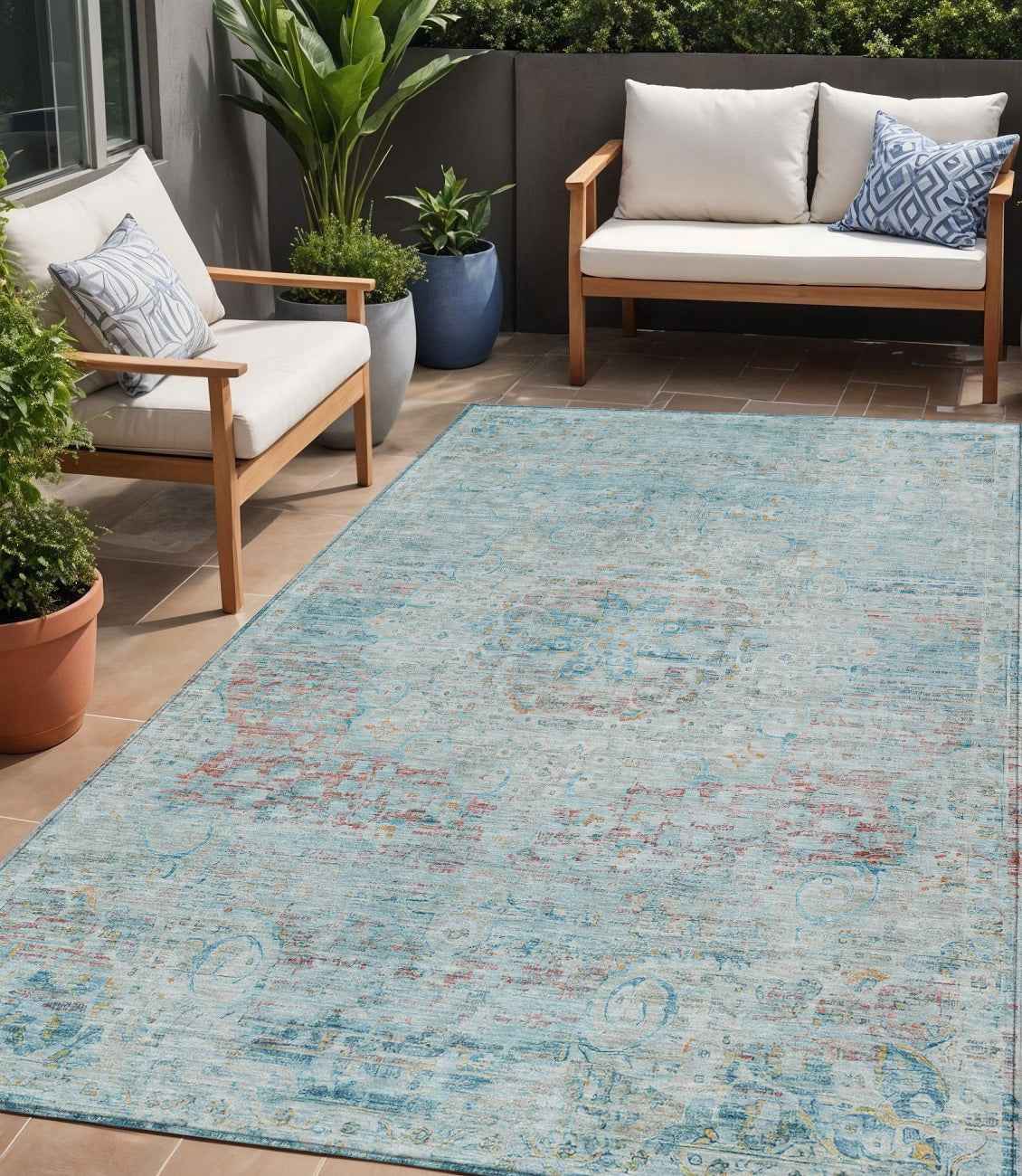5' X 8' Sky Blue And Blush Medallion Washable Indoor Outdoor Area Rug