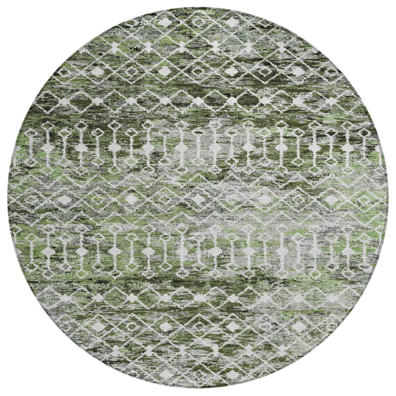 8' Olive Green And Ivory Round Argyle Washable Indoor Outdoor Area Rug
