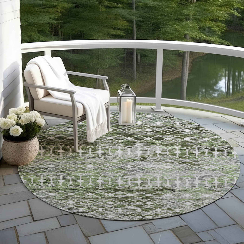 8' Olive Green And Ivory Round Argyle Washable Indoor Outdoor Area Rug