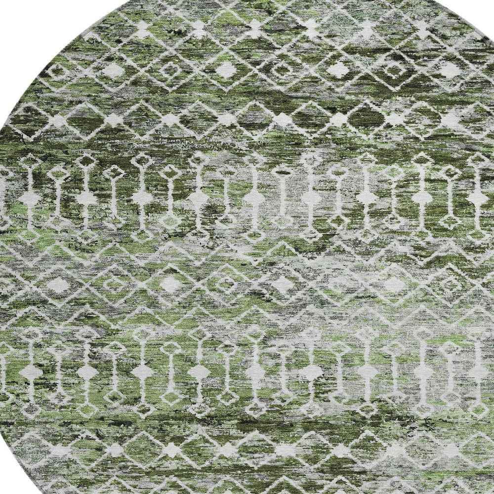 8' Olive Green And Ivory Round Argyle Washable Indoor Outdoor Area Rug
