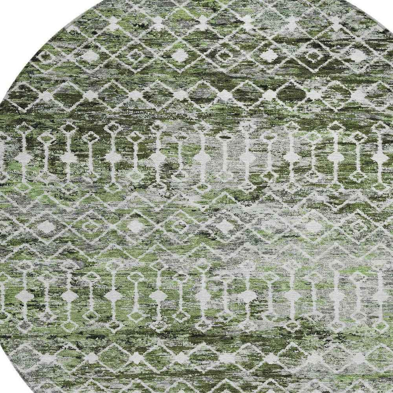 8' Olive Green And Ivory Round Argyle Washable Indoor Outdoor Area Rug
