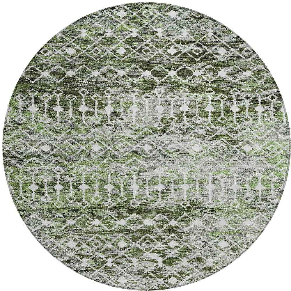 8' Olive Green And Ivory Round Argyle Washable Indoor Outdoor Area Rug