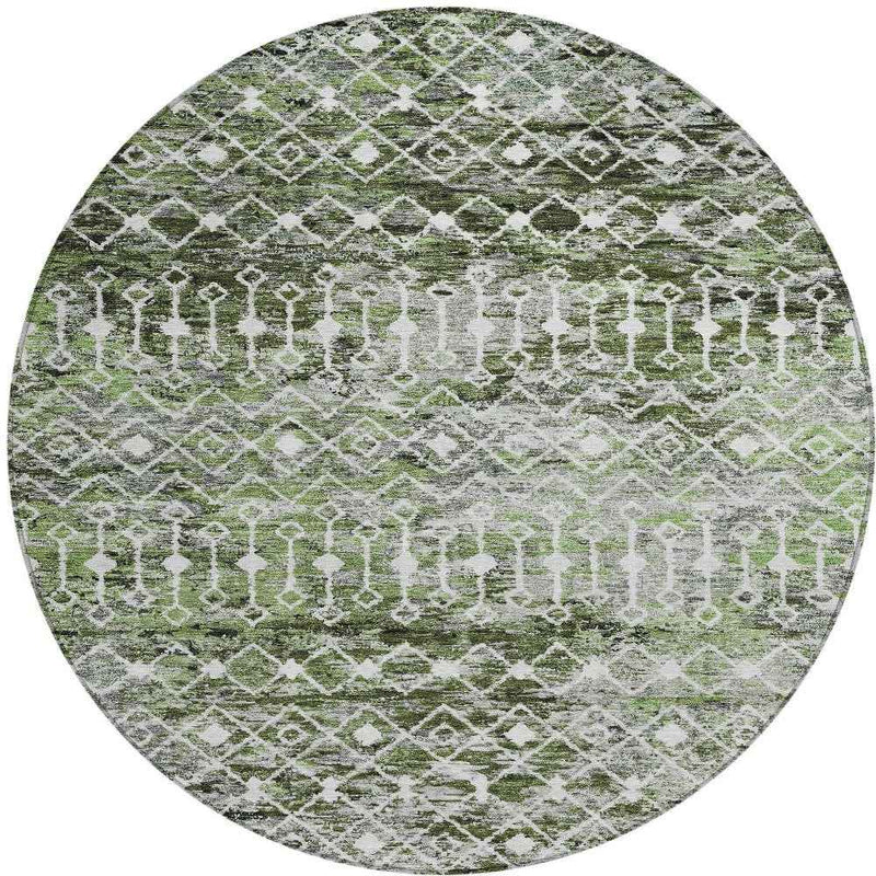 8' Olive Green And Ivory Round Argyle Washable Indoor Outdoor Area Rug