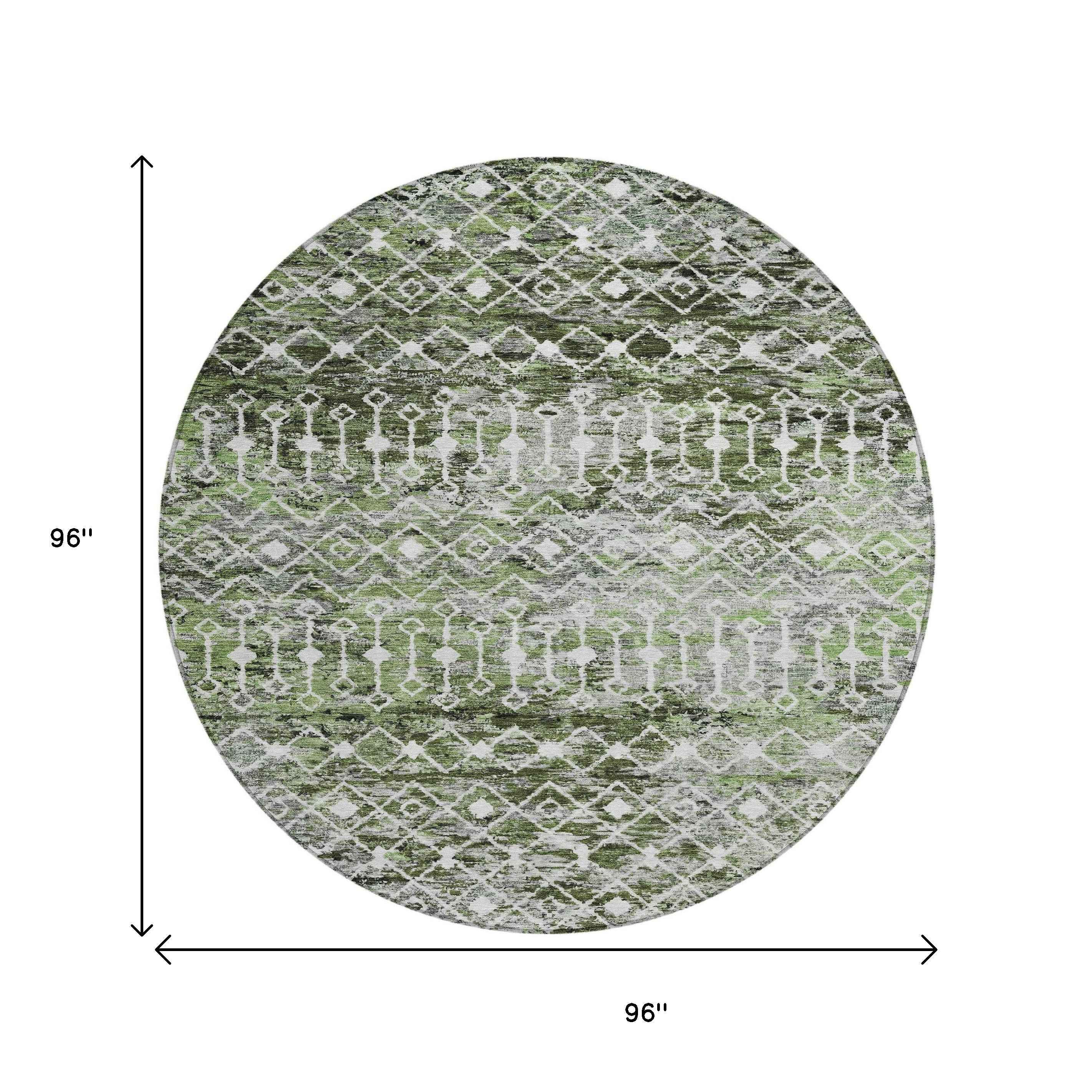 8' Olive Green And Ivory Round Argyle Washable Indoor Outdoor Area Rug