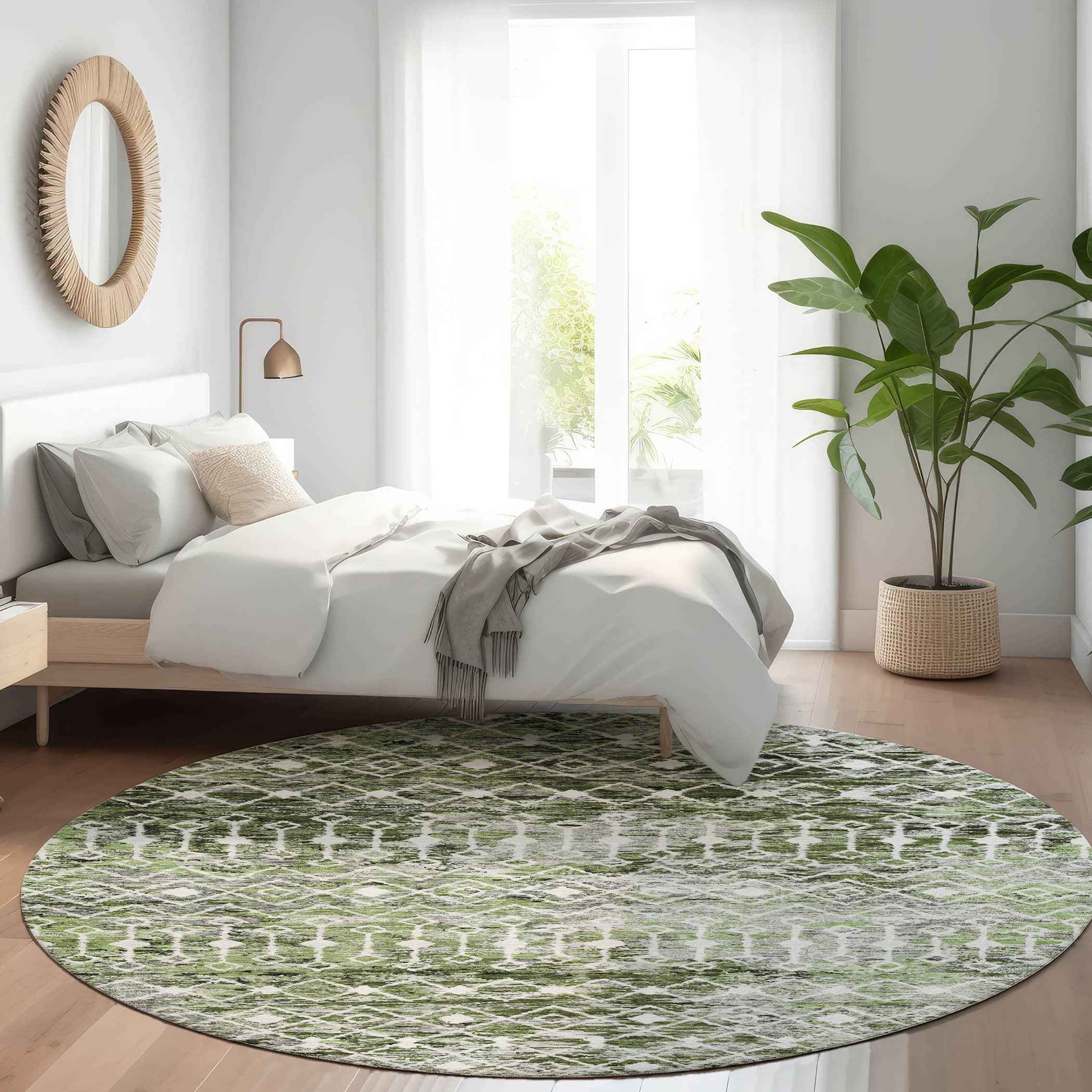 8' Olive Green And Ivory Round Argyle Washable Indoor Outdoor Area Rug