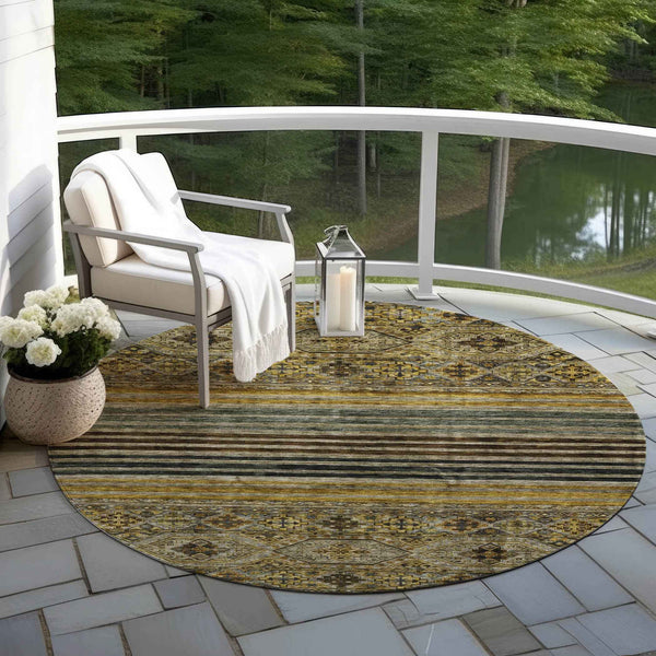 8' Gray Gold And Brown Round Medallion Washable Indoor Outdoor Area Rug