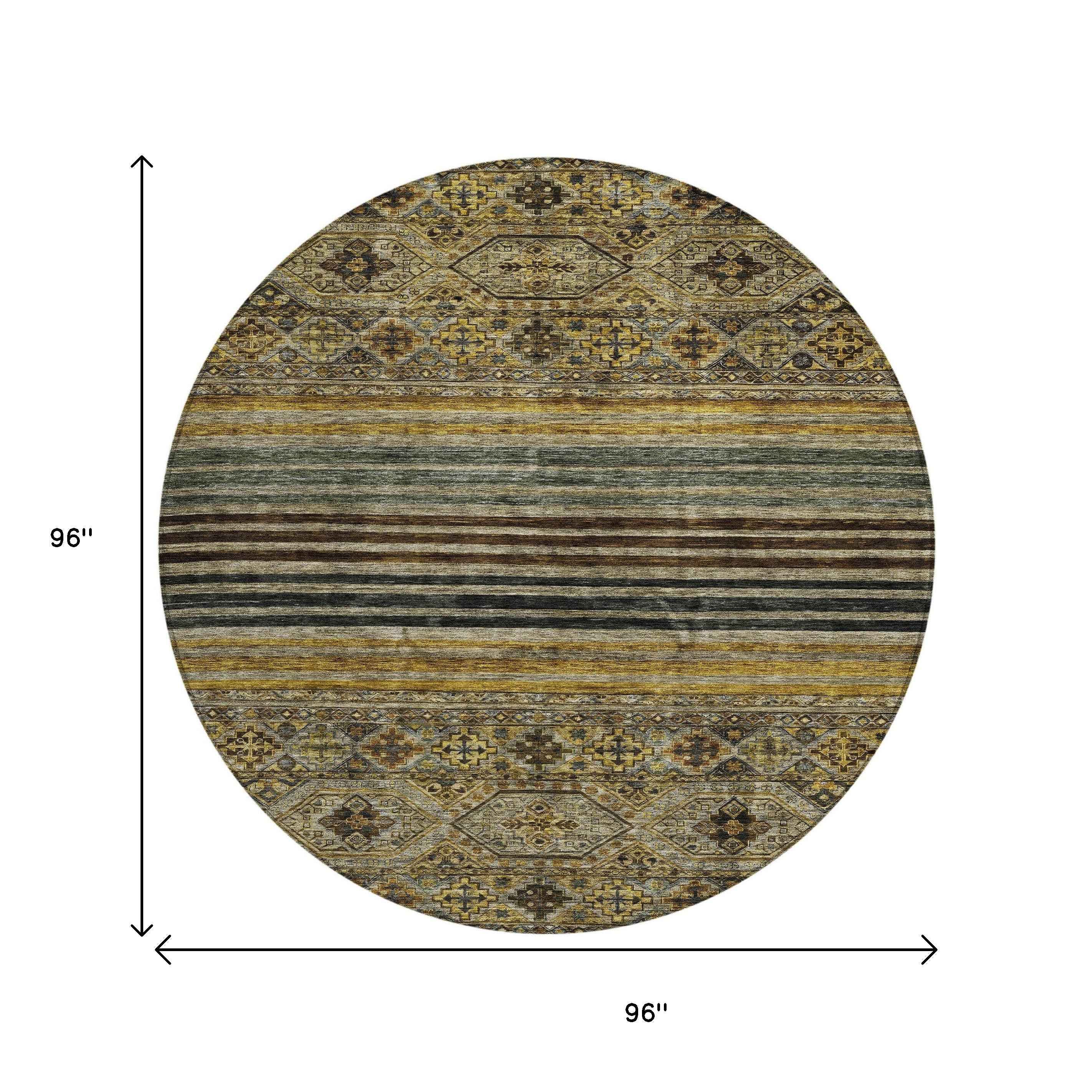 8' Gray Gold And Brown Round Medallion Washable Indoor Outdoor Area Rug