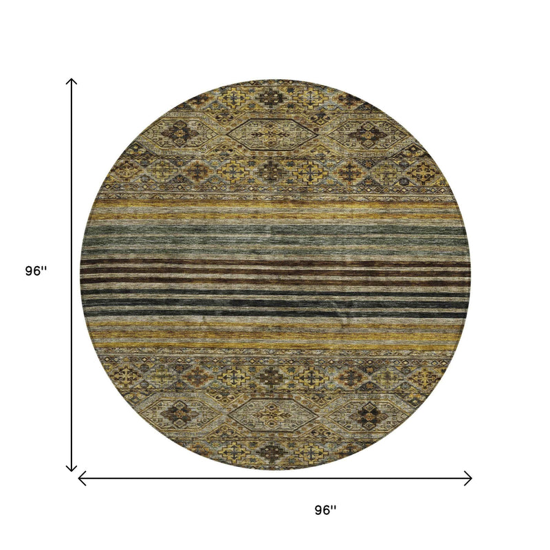 8' Gray Gold And Brown Round Medallion Washable Indoor Outdoor Area Rug