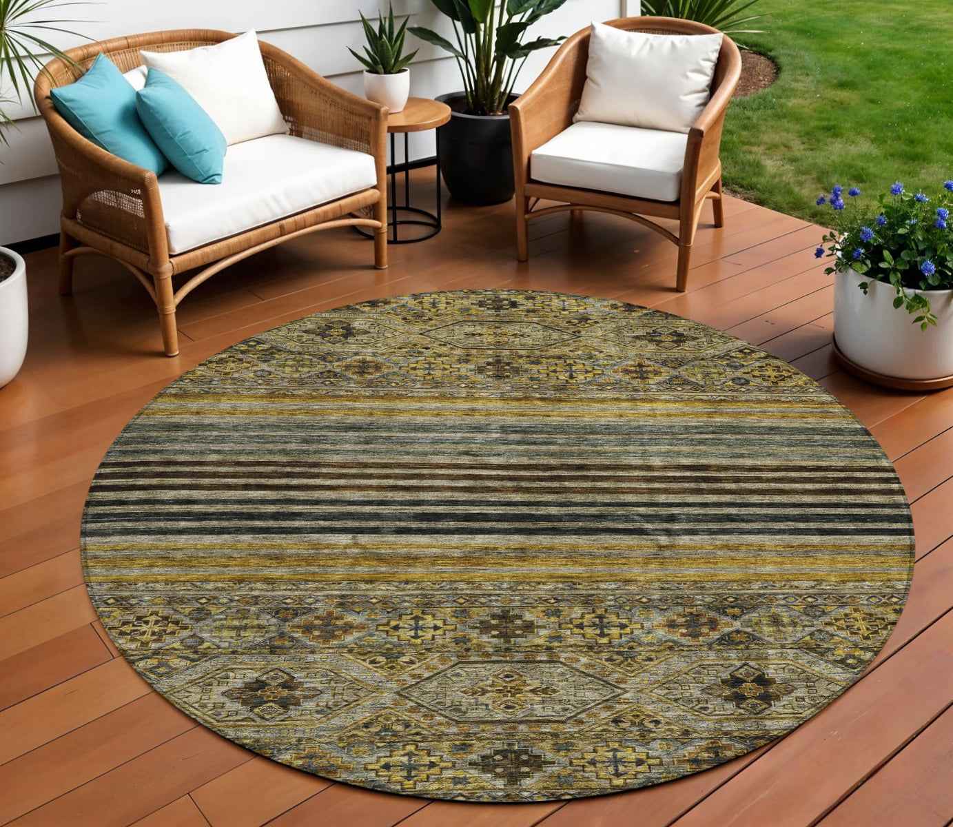 8' Gray Gold And Brown Round Medallion Washable Indoor Outdoor Area Rug