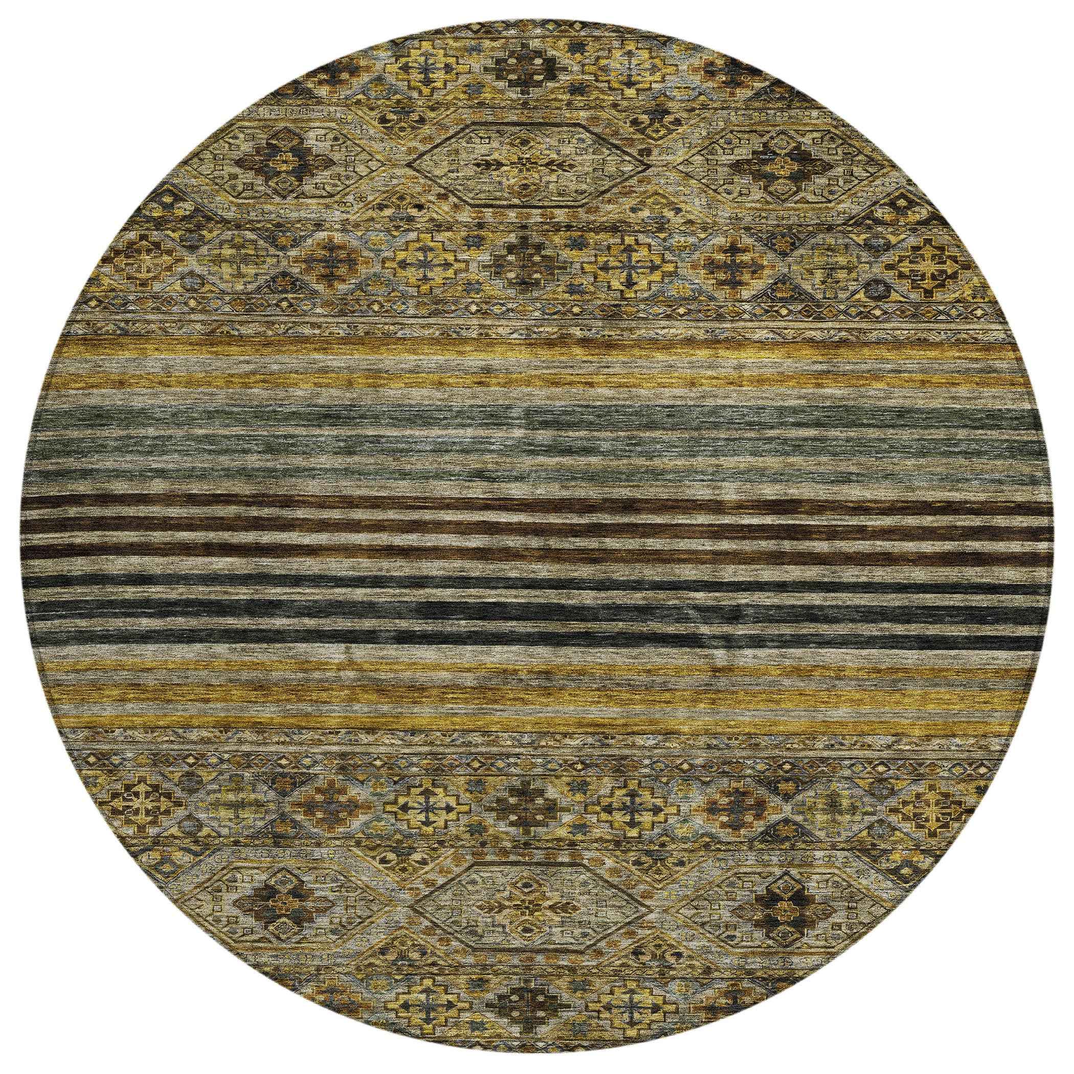 8' Gray Gold And Brown Round Medallion Washable Indoor Outdoor Area Rug