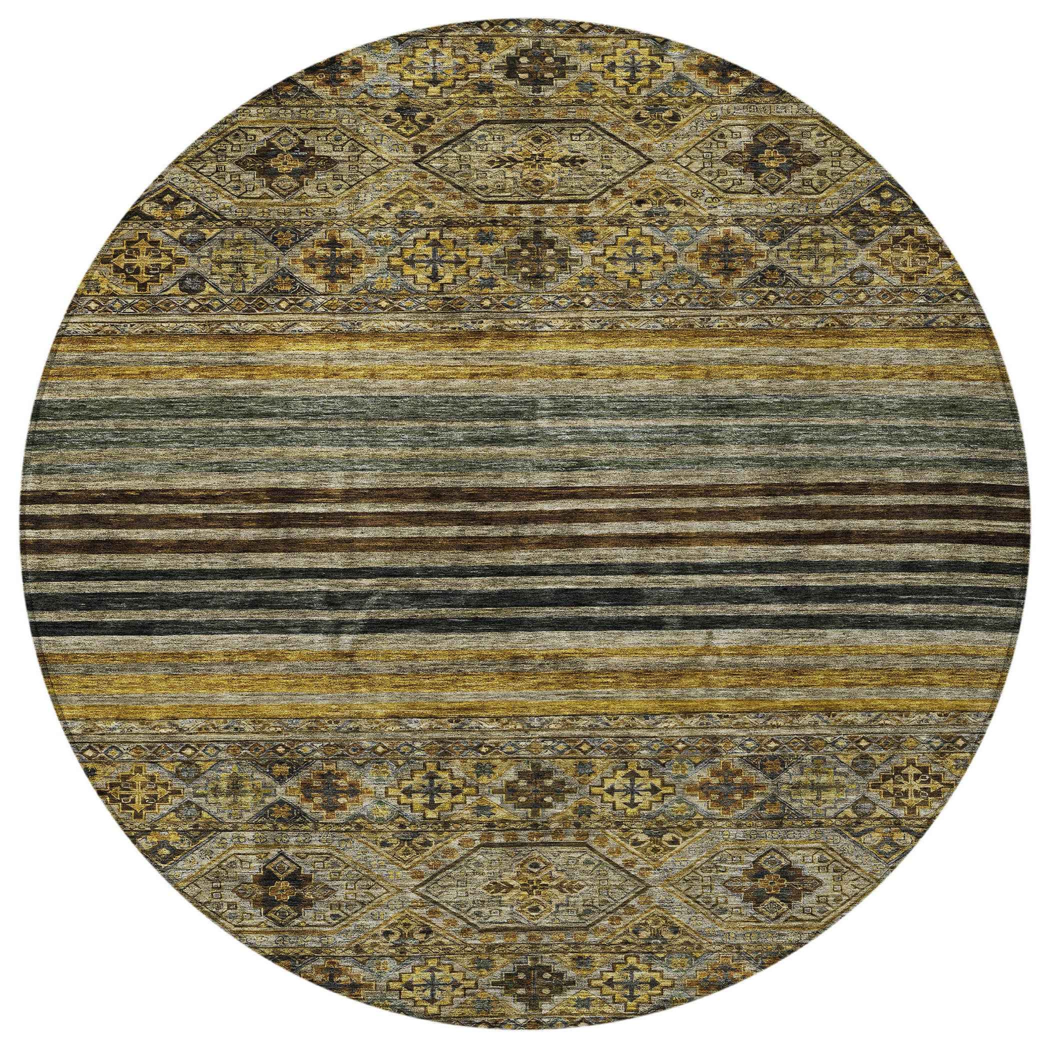 8' Gray Gold And Brown Round Medallion Washable Indoor Outdoor Area Rug