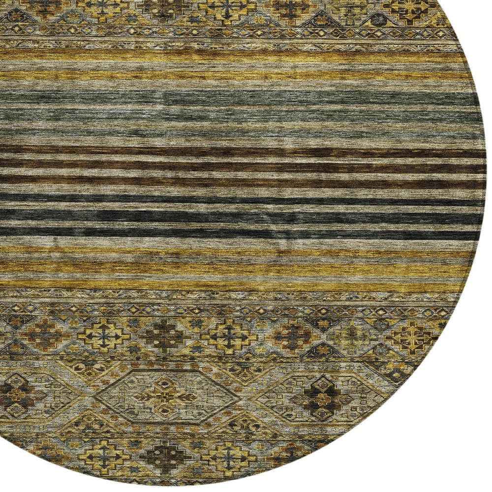 8' Gray Gold And Brown Round Medallion Washable Indoor Outdoor Area Rug