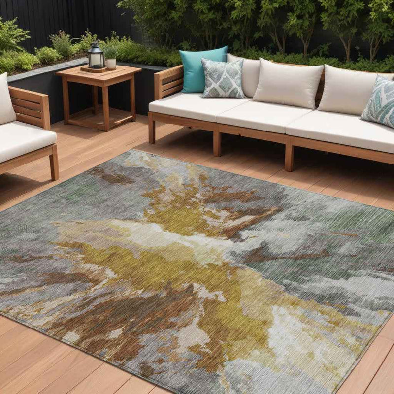 9' X 12' Gold And Gray Abstract Washable Indoor Outdoor Area Rug