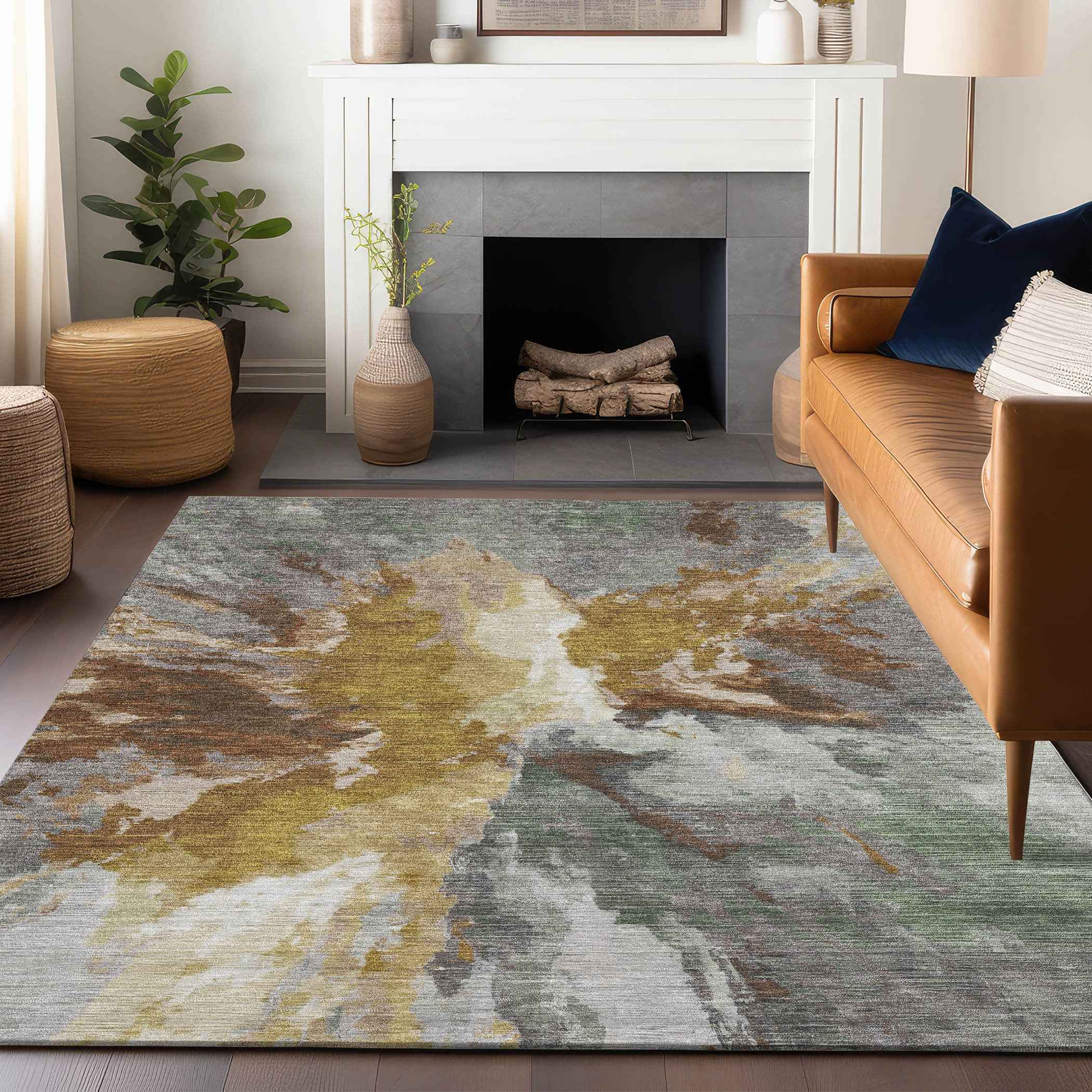9' X 12' Gold And Gray Abstract Washable Indoor Outdoor Area Rug
