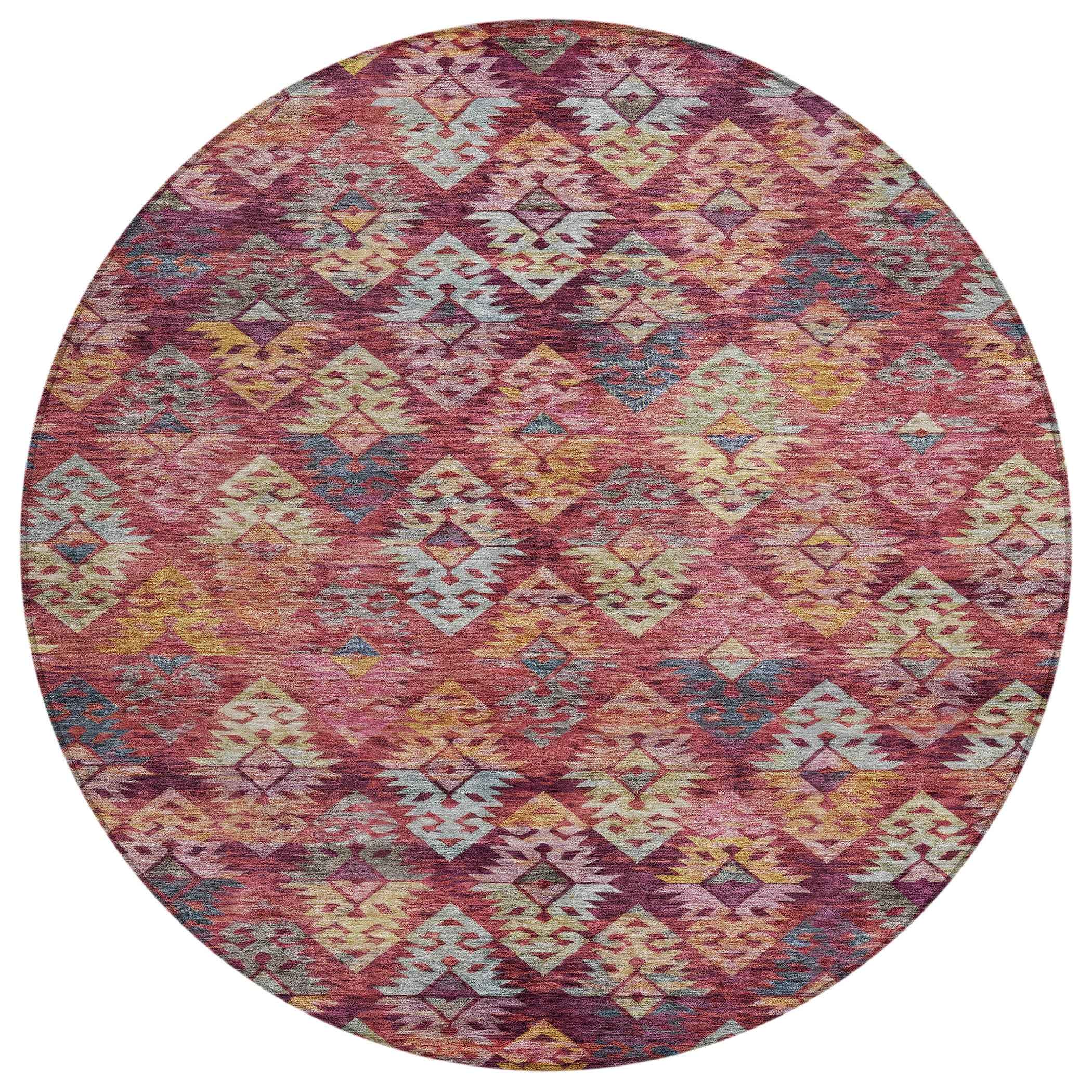 8' Rust Gold And Blush Round Aztec Washable Indoor Outdoor Area Rug