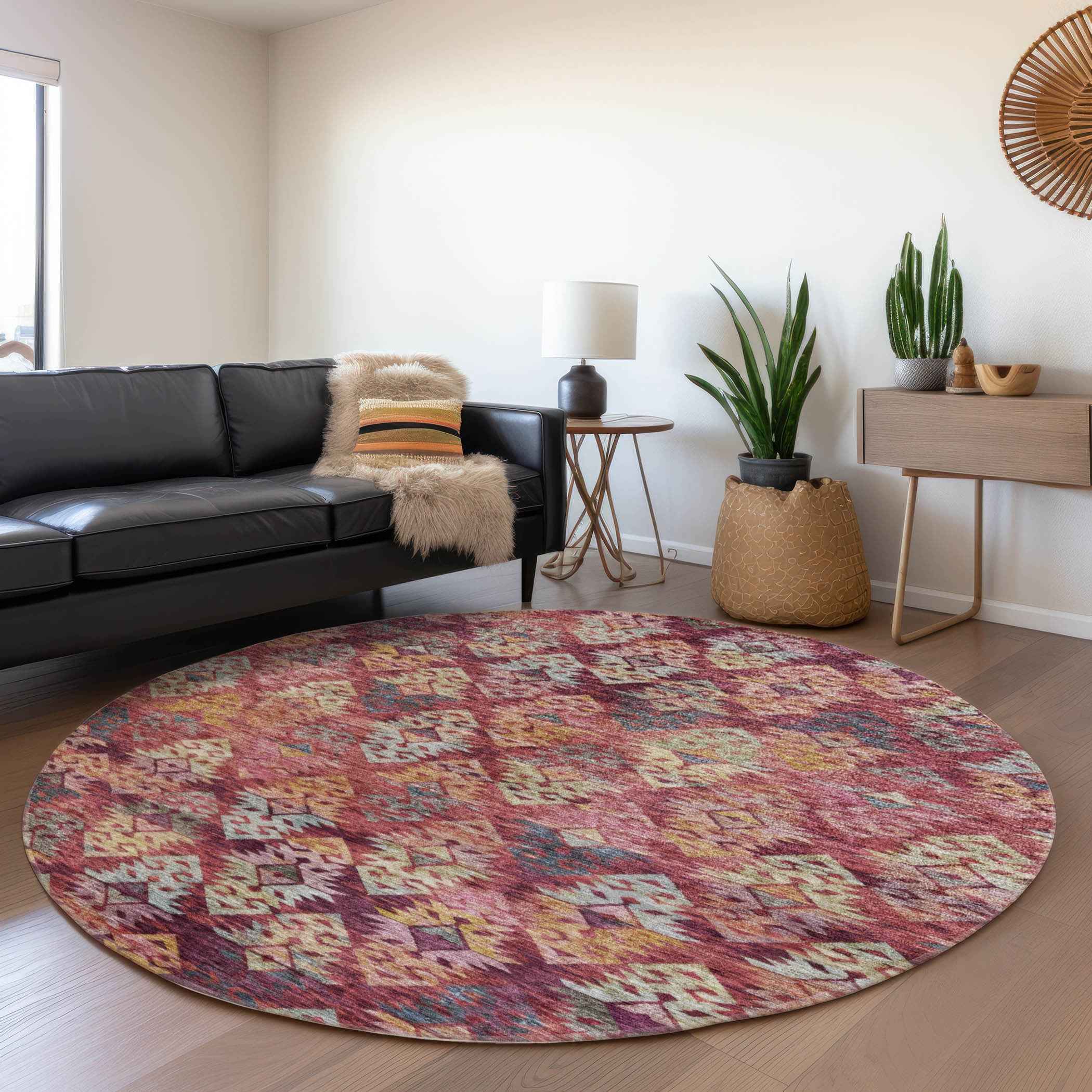 8' Rust Gold And Blush Round Aztec Washable Indoor Outdoor Area Rug