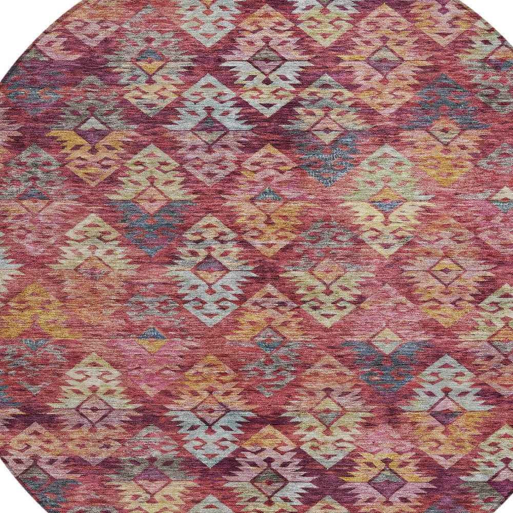 8' Rust Gold And Blush Round Aztec Washable Indoor Outdoor Area Rug