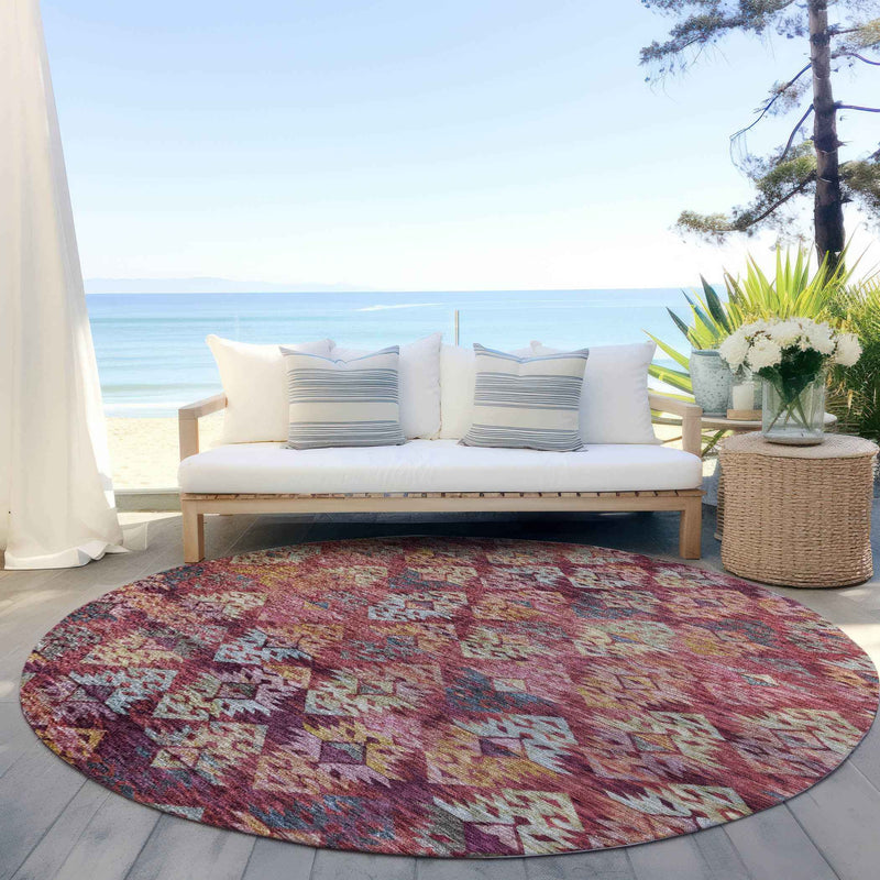8' Rust Gold And Blush Round Aztec Washable Indoor Outdoor Area Rug
