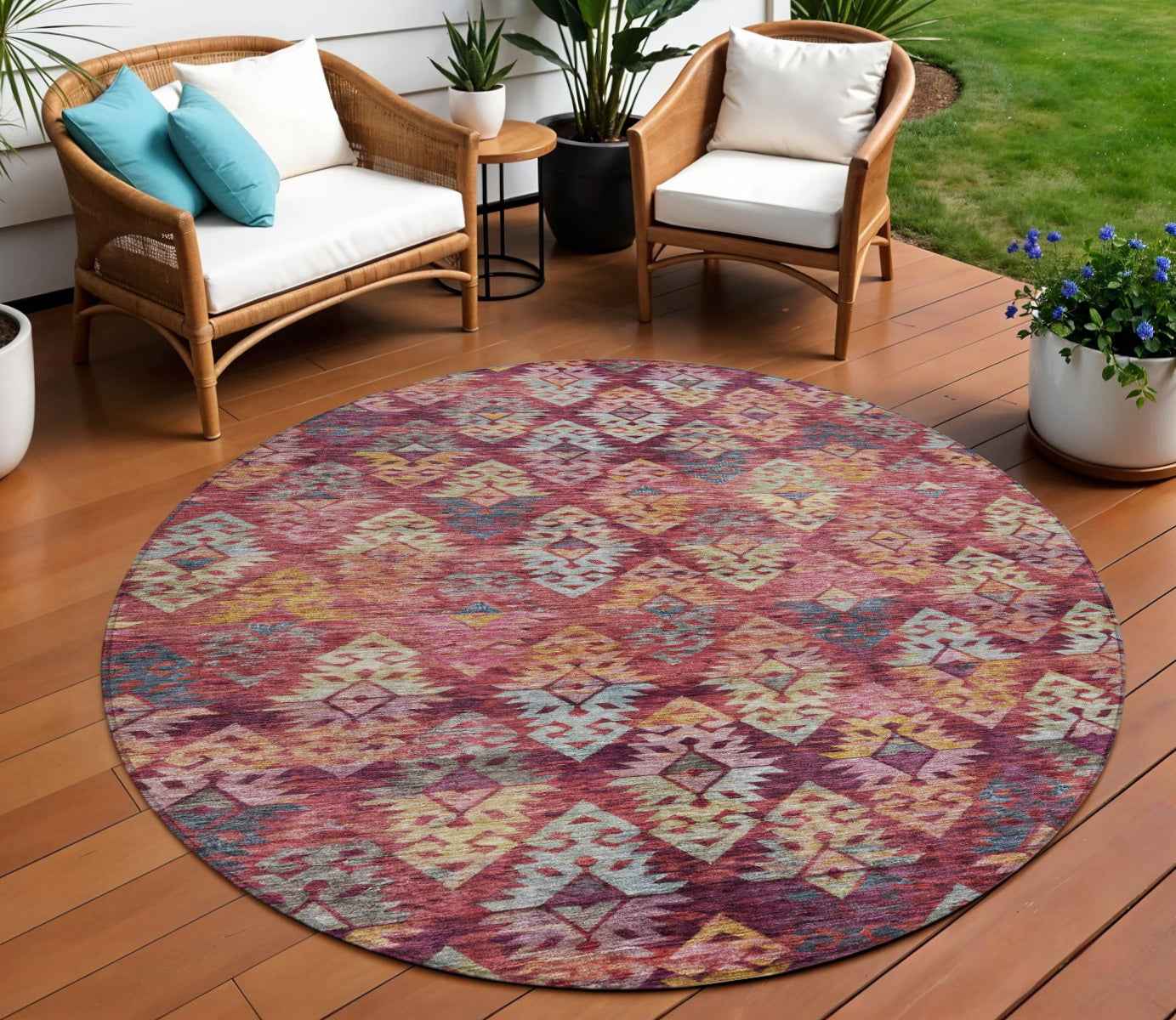 8' Rust Gold And Blush Round Aztec Washable Indoor Outdoor Area Rug