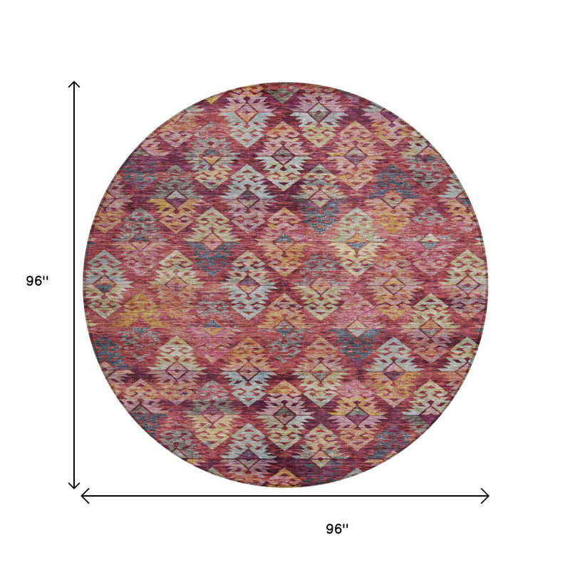 8' Rust Gold And Blush Round Aztec Washable Indoor Outdoor Area Rug