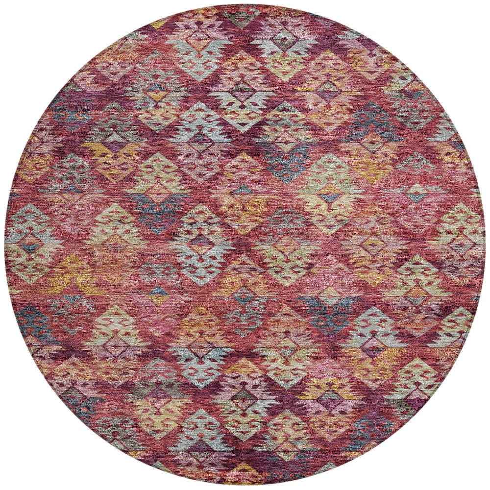 8' Rust Gold And Blush Round Aztec Washable Indoor Outdoor Area Rug